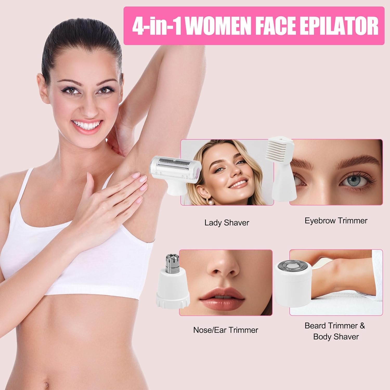 Women Face Epilator, 4-in-1 Body Shaver and Facial Epilator, Hair Removal for Face, Waterproof Facial Hair Remover for Armpits, Arms, Legsm, Bikini