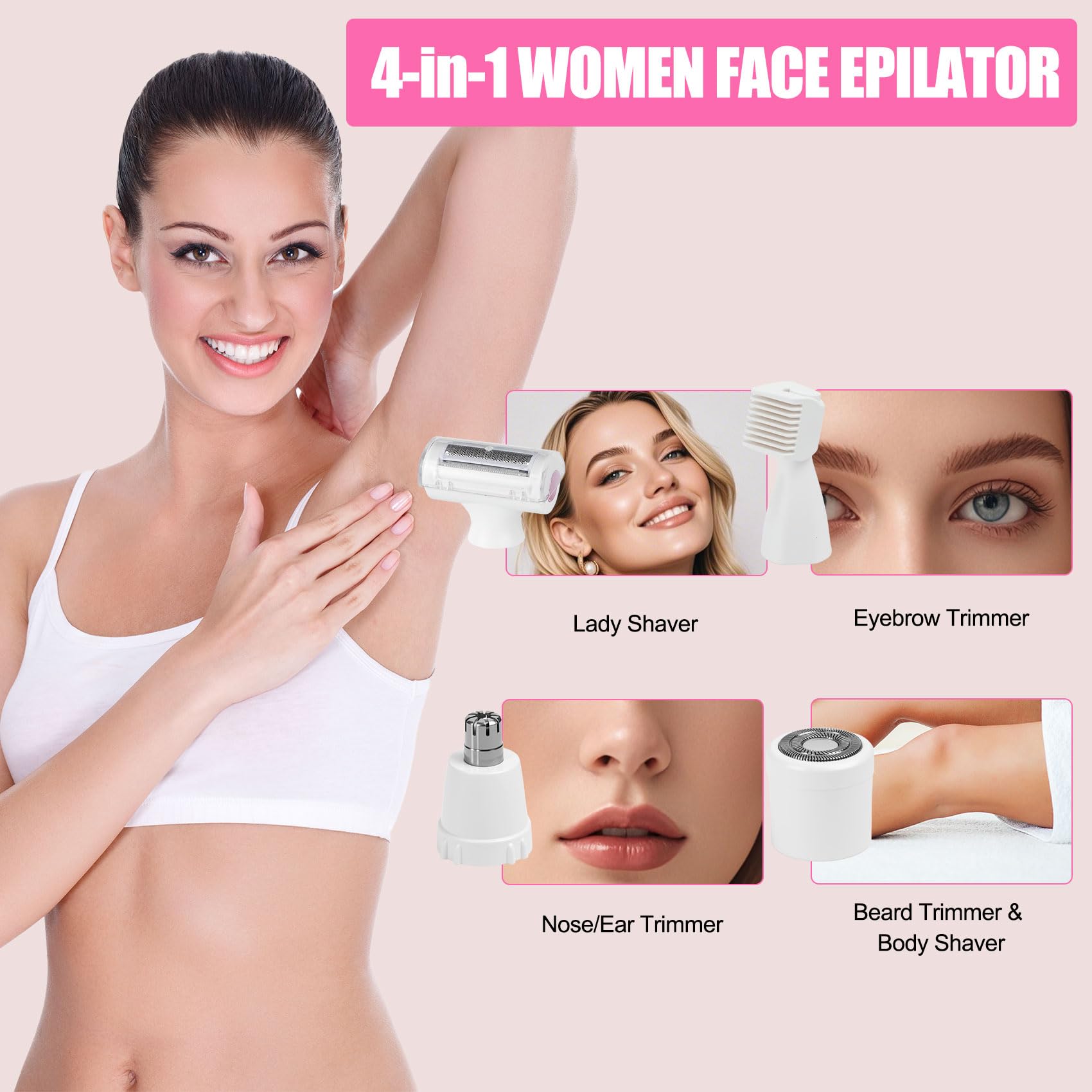 Pluxy Epil Pro 3.0 Women Face Epilator, 4-in-1 Body Shaver and Facial Epilator, Hair Removal for Face, Waterproof Facial Hair Remover for Armpits, Arms, Legsm, Bikini