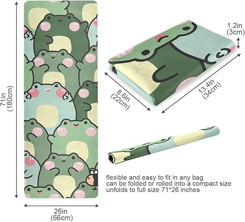 Miniatura 2 de Cute Chubby Frog Yoga Mat, 71 x 26 Inch Non-slip Yoga Mats Folding Travel Exercise Mat Indoor Outdoor Gym Pilates with Storage Bag for Women Men