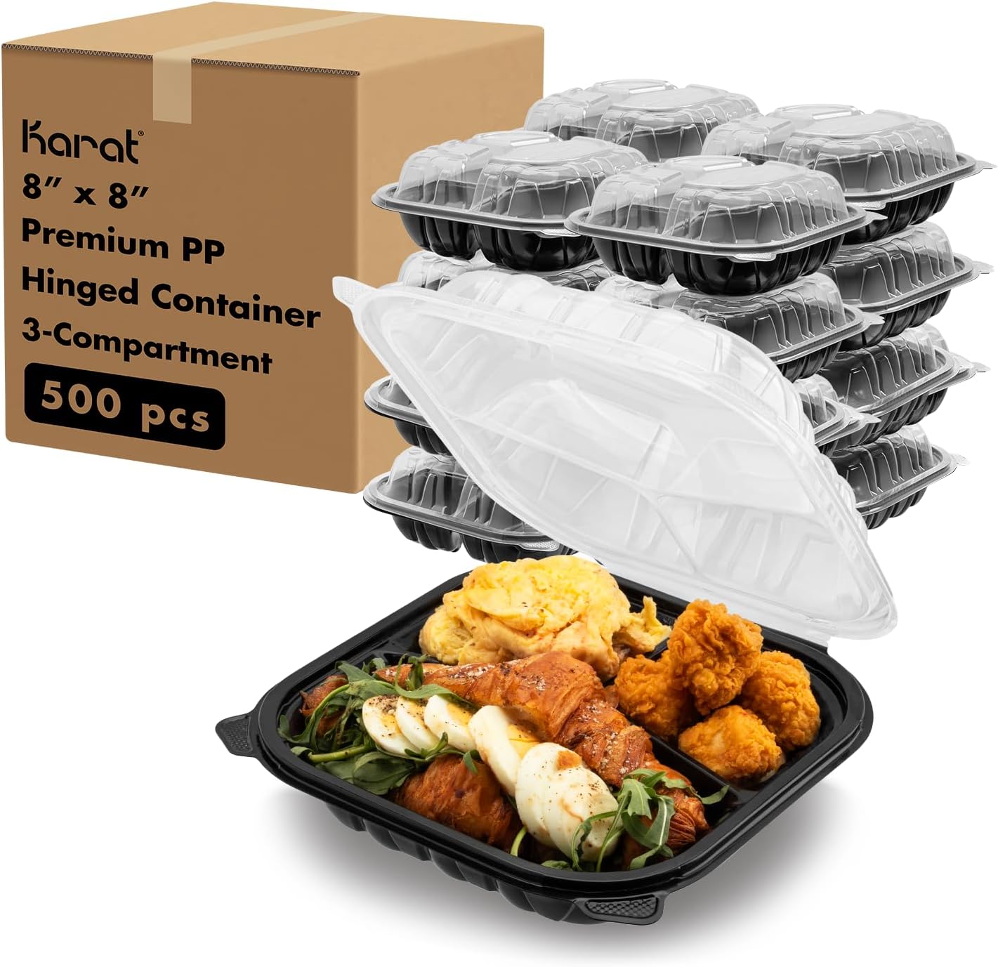 Karat [150 ct 8"x8" 3-Compartment To Go Food Clamshell Take Out Containers with Segmented Lid, Disposable Premium PP Hinged Container, Microwave & Freezer Safe, Stackable