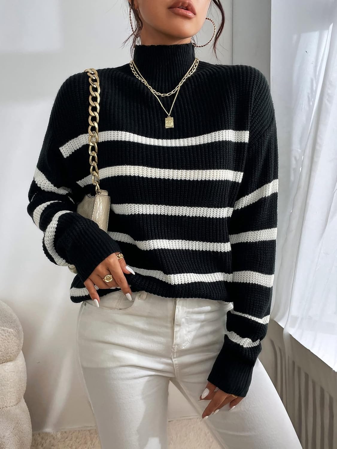 Women's Sweater Stripe Pattern Mock Neck Drop Shoulder Sweater Sweater for Women (Color : Black, Size : Medium)