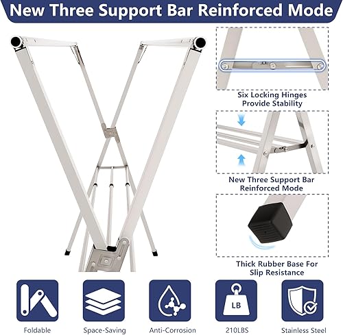 Miniatura 5 de Estante de secado de ropa plegable de 79 pulgadas, de acero inoxidable resistente, para interiores y exteriores, perchero de longitud ajustable. 3