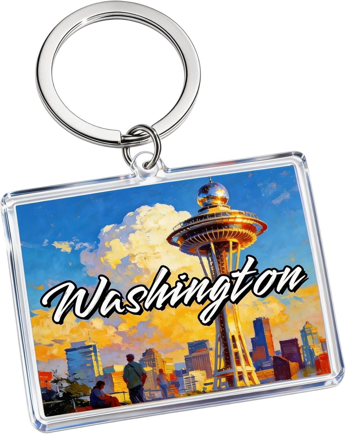 Washington Acrylic Keychain, Rectangular Souvenir with Space Needle Illustration, 1.97 x 1.57 Inches, Lightweight