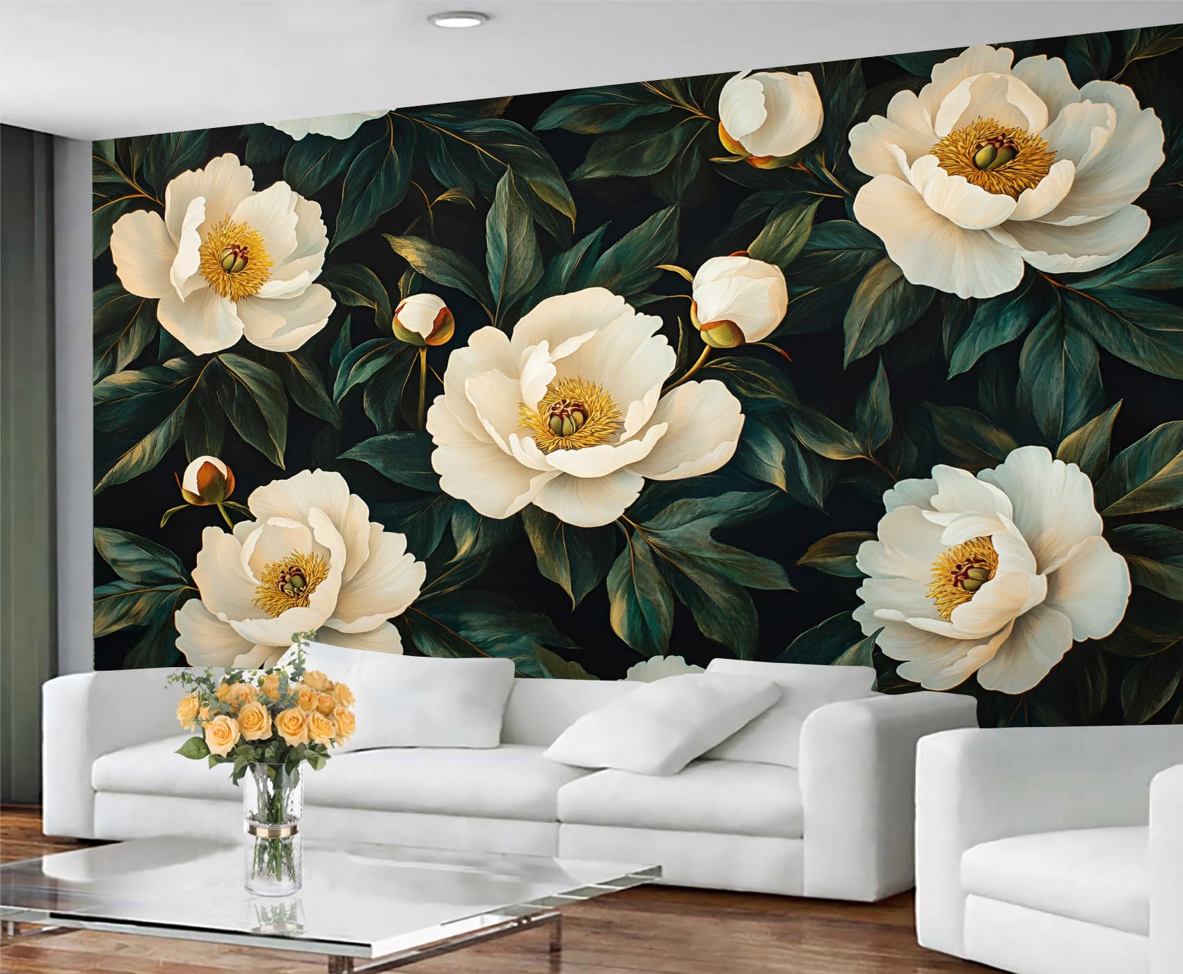 GIVLWF Dark Florals Wallpaper & Wall Mural, White Flowers Bedroom Wallpaper, Vintage Wall Paper for Living Room, Mural & Home Decor - Non Self Adhesive โ image 1
