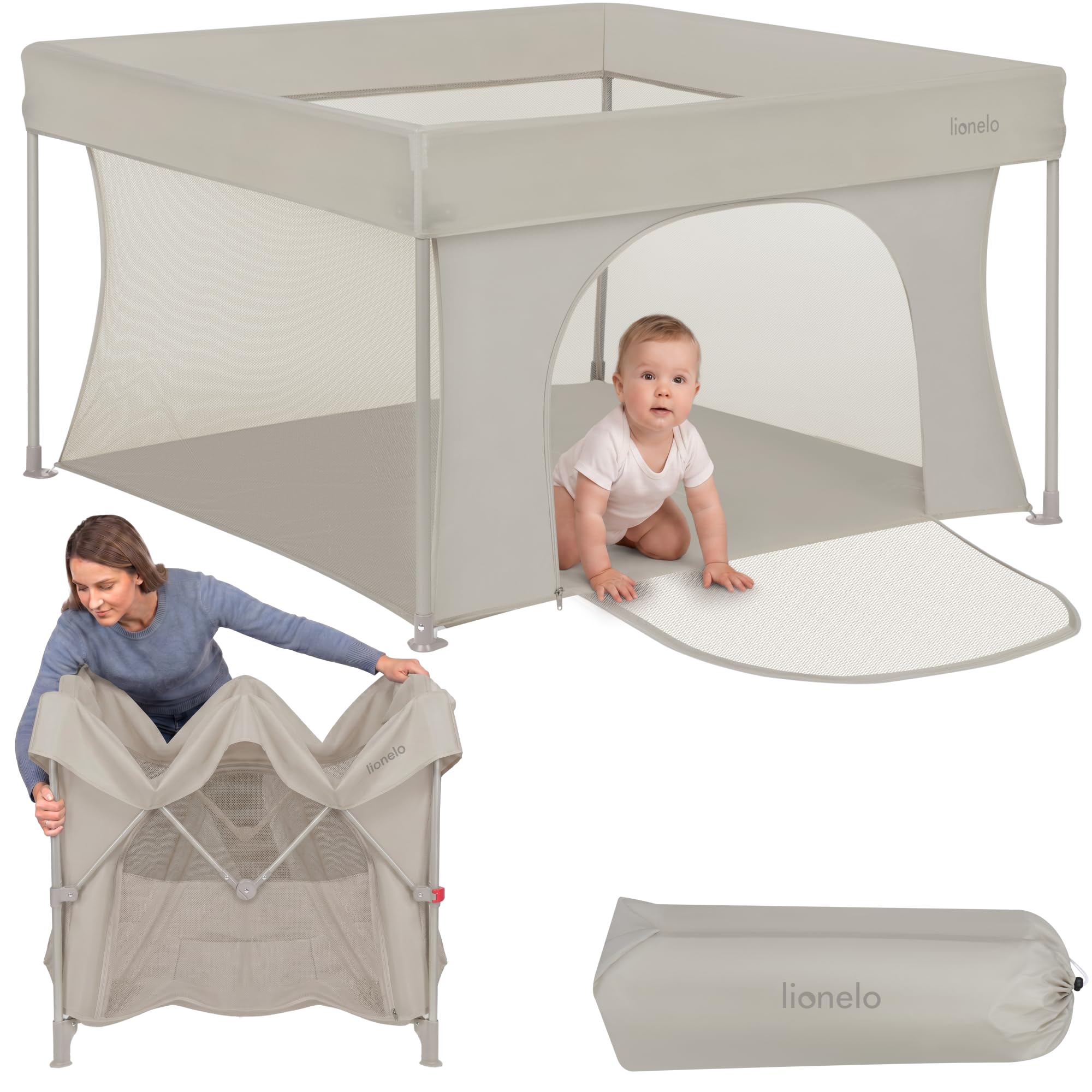 Lionelo Paco Parc Bébé Pliable 111 x 111 cm (0-48 Mois), Léger 4,1 kg | Pliage Rapide sans Outils, Entrée Latérale Zippée, Filets Respirants, Format Compact, Sac de Transport Inclus, jusqu'à 15 kg
