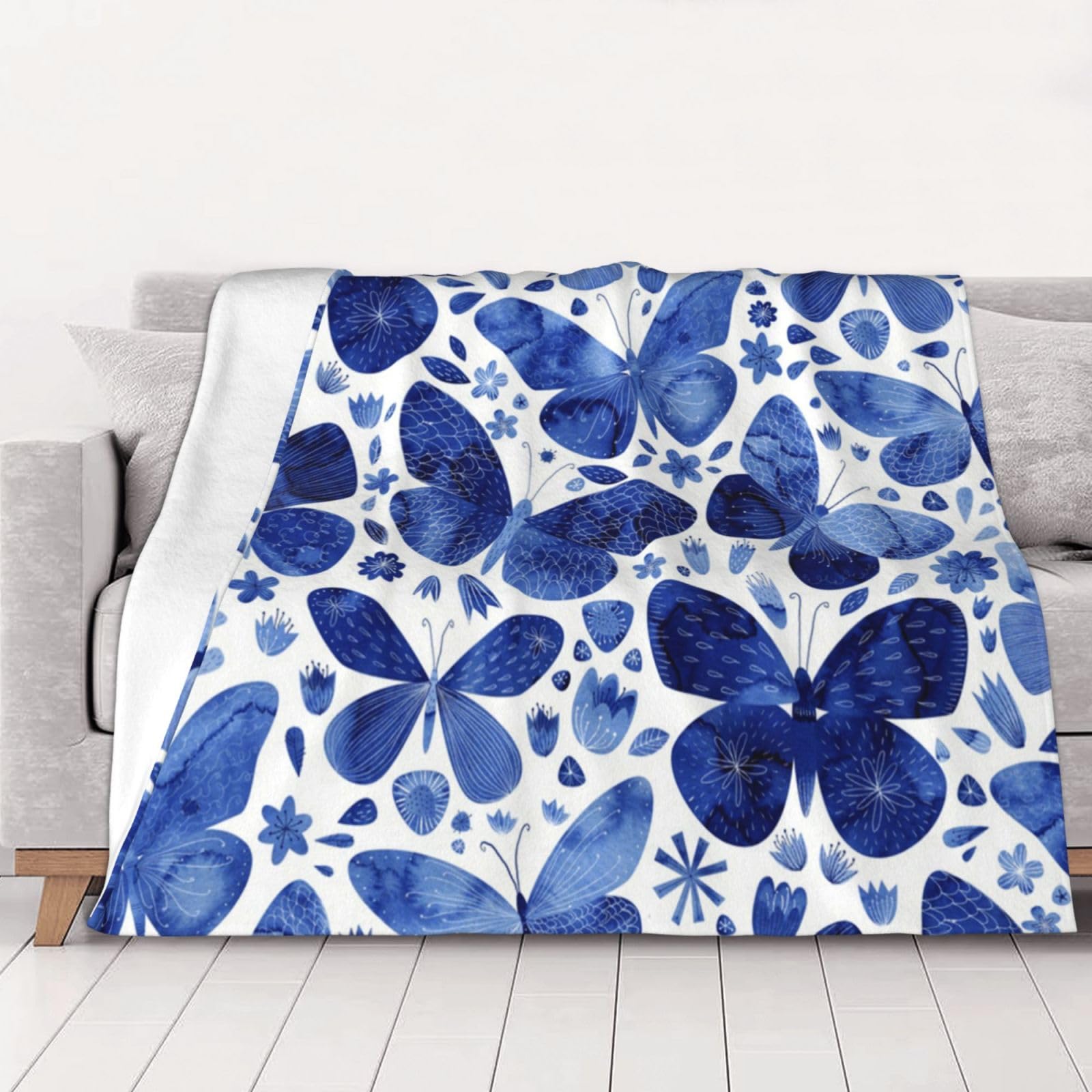 AUBKFELD Blue Butterflies Printed Flannel Blanket 200x150 CM, Soft & Warm Throw Blanket for Sofa/Couch/Bed/Car, Gifts for Audlts Women Men