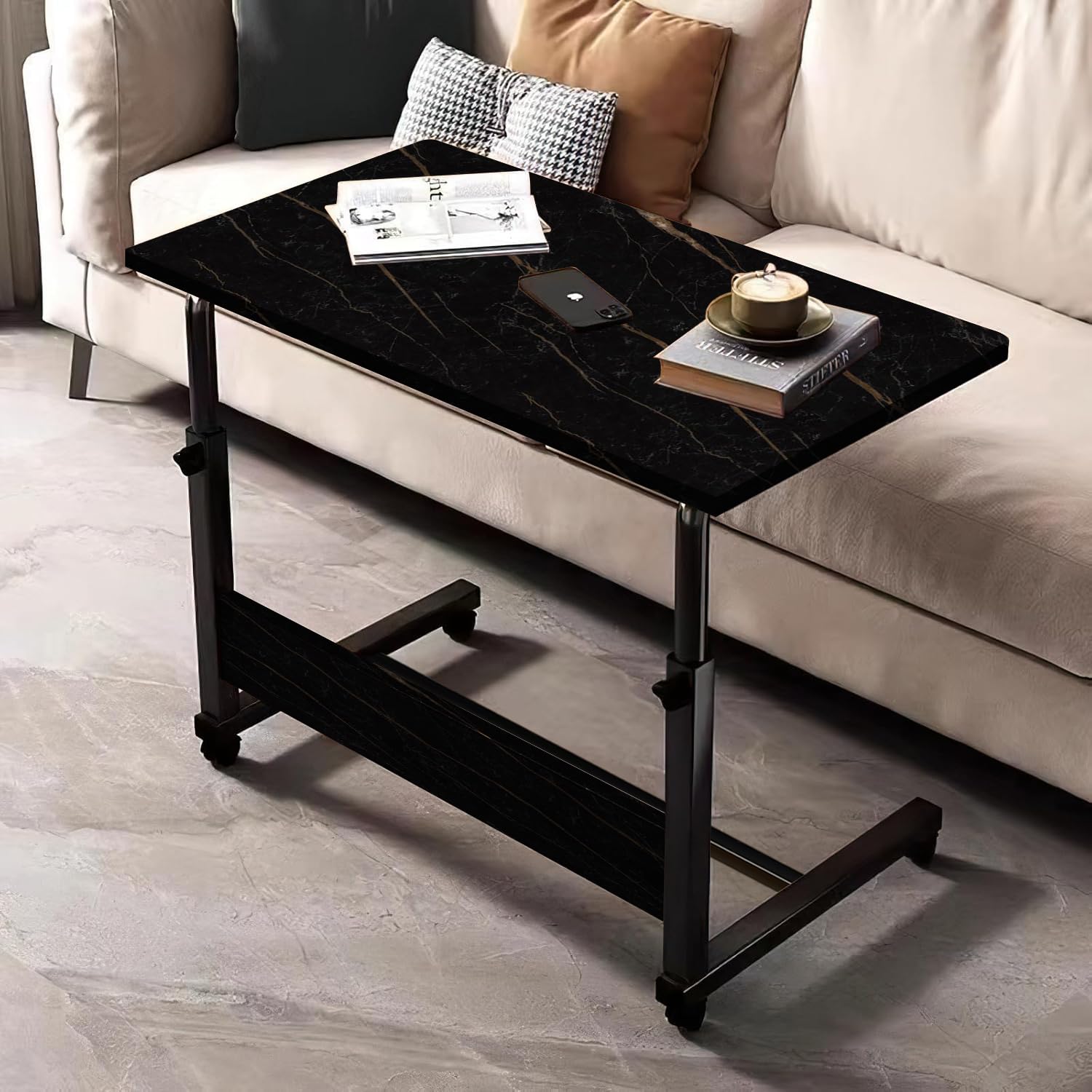 Torche Ironwood Multipurpose Height Adjustable Movable Table for Computer & Laptop Table with Wheels for Home & Office (Small-Granite)-Black Frame
