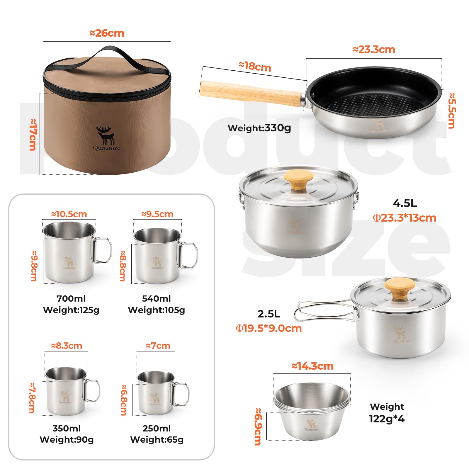 Kit de Utensilios de Cocina para Camping, 11 Piezas Ollas, Sartenes, Tazones y Tazas de Acero Inoxidable, Apilable con Bolsa de Almacenamiento para Senderismo, Acampada y Aire Libre