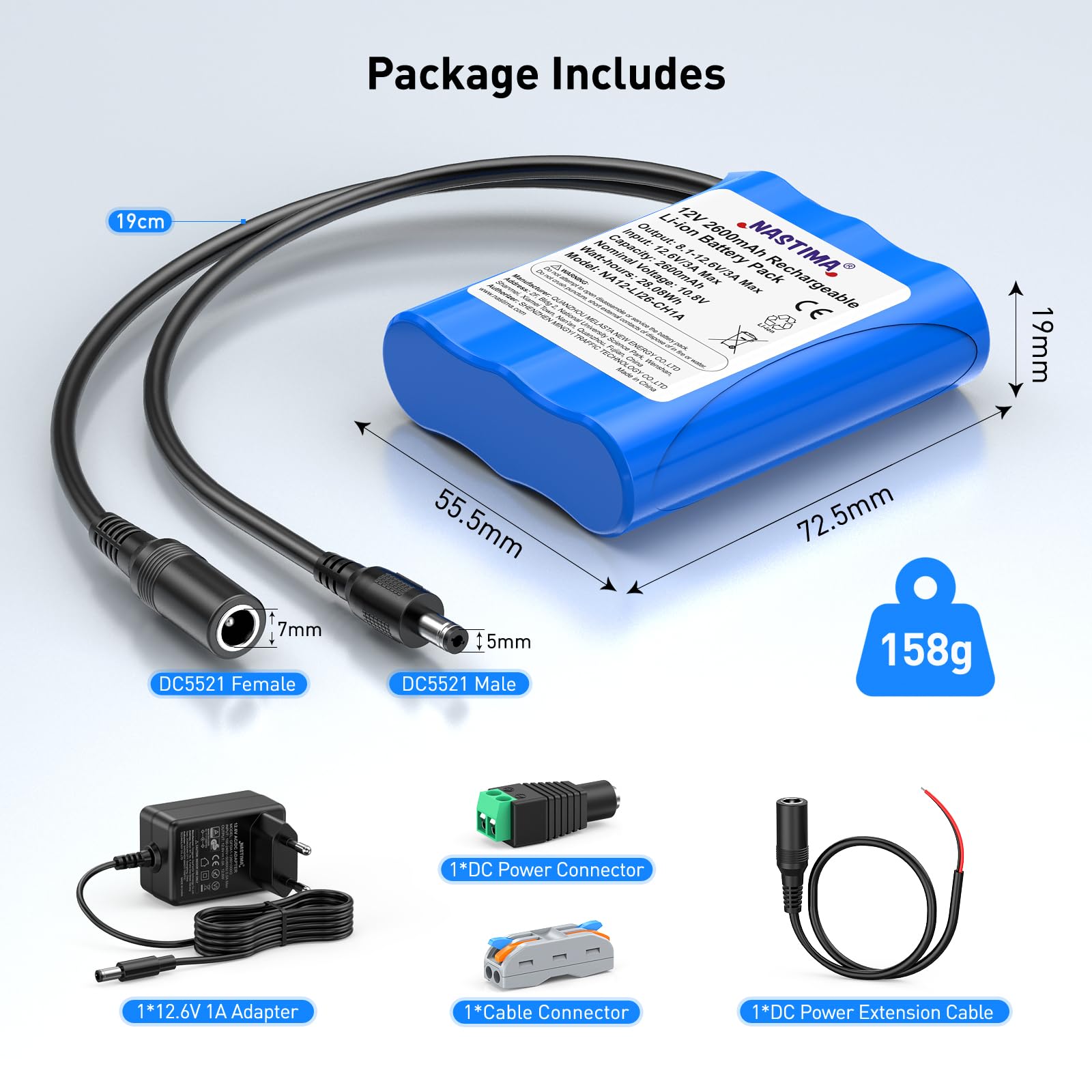 NASTIMA 2600mAh 28,08Wh 12V Batterie Lithium-Ion Rechargeable Adaptée aux Appareils Photo, Caméscopes, Lecteurs MP3, Claviers Électroniques, Routeur, Radio, etc. Chargeur et Connecteur Inclus