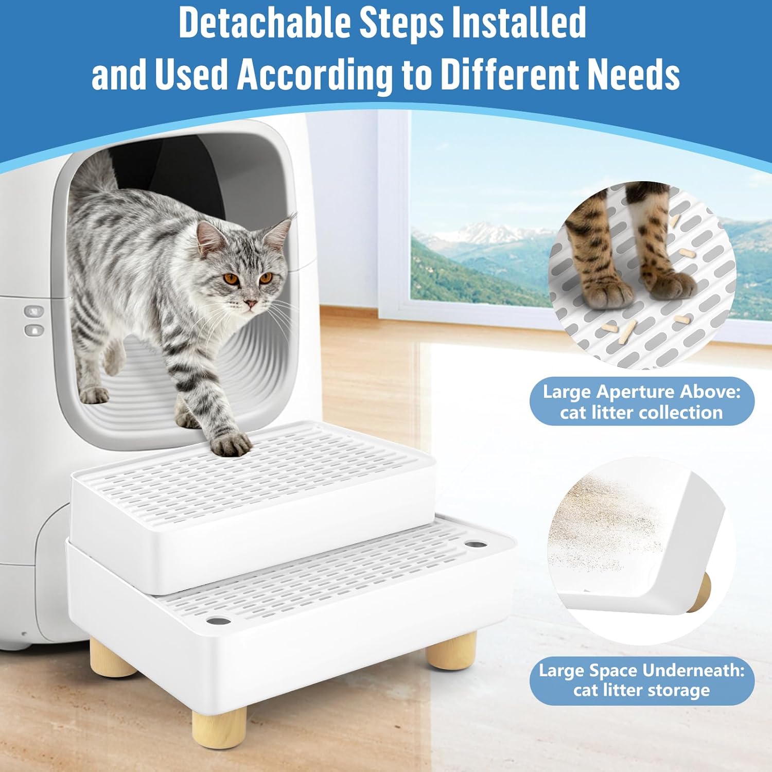 Extra Large 2 Steps Cat Litter Box Step Ramp, Cat Litter Catcher Mat with Wooden Feet, Filter Function, Cat's Pedal Stool for Self-Cleaning Litter, Suitable Kitten & Elderly Cats (White)