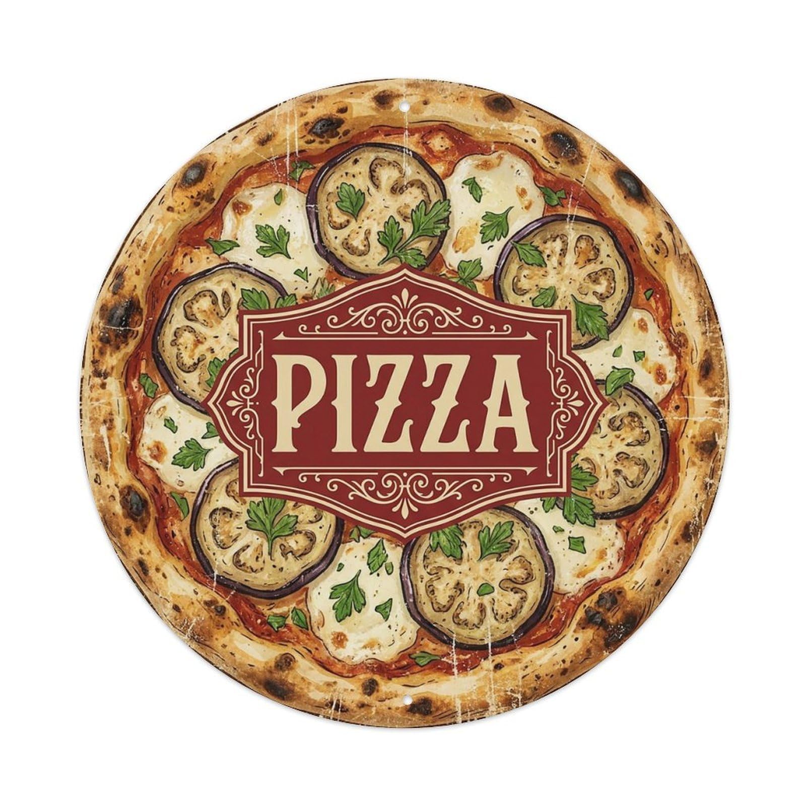 Yrnq 8X8inch Vintage Style Vintage Pizza Eggplant Cheese Herb Food Decoration Metal Tin Sign