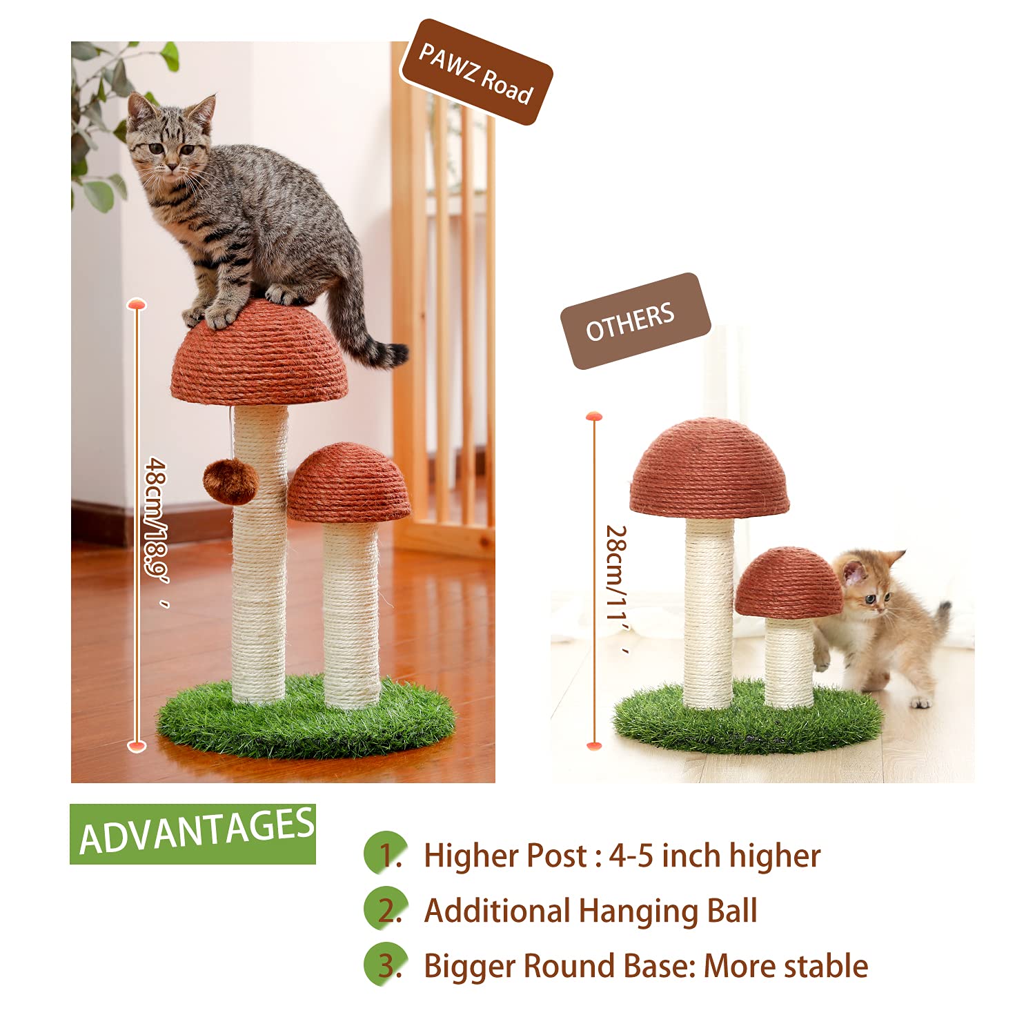 PAWZ Road Katzenkratzbaum, Pilzkratzbaum für Kätzchen und kleine Katzen, natürliches Sisalseil zur Befriedigung der Kralleninstinkte von Katzen