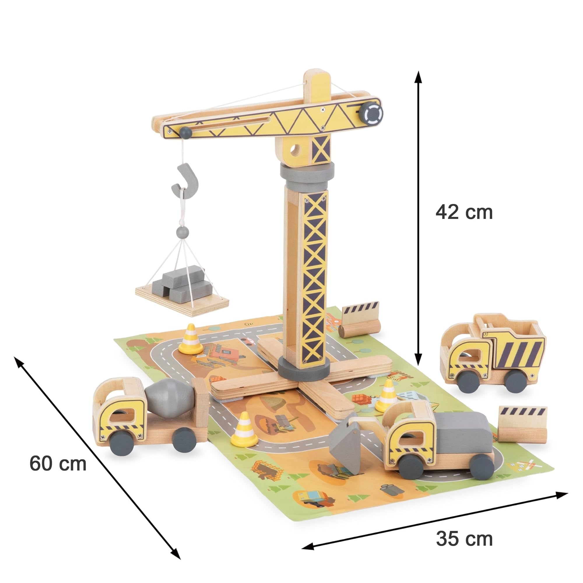Mamabrum Holz-Baustellen Set mit Mobilkran, Baufahrzeuge, Verkehrskegel & Baumaterialien - Spielzeug Baustellenset für Kinder ab 3 Jahren - Kompatibel mit Holzeisenbahn