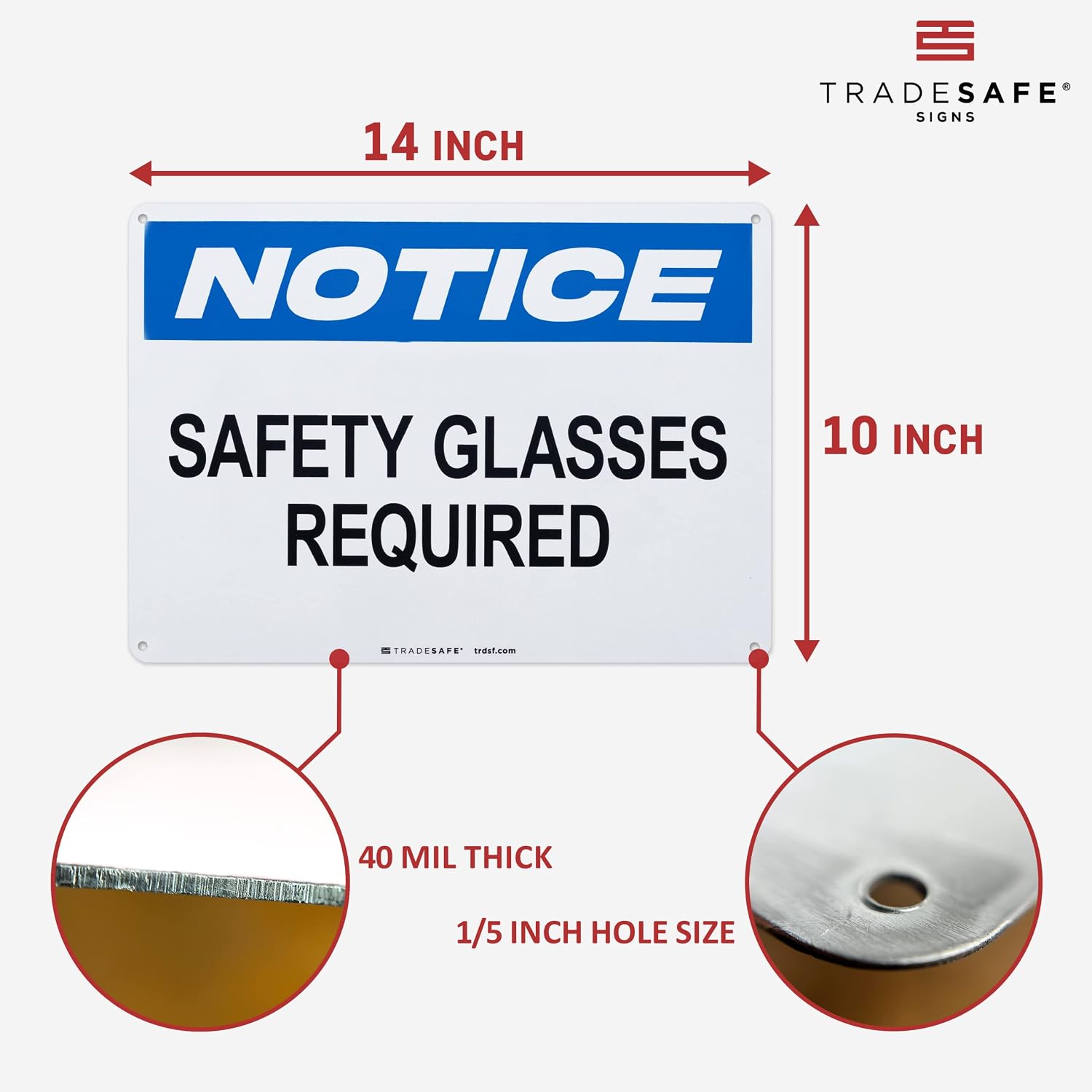 TRADESAFE Safety Glasses Required PPE Sign - Notice Sign, Quick Install Aluminum Safety Sign, Light Reflective, UV-Resistant, Waterproof, 14” X 10” Safety Glass Signs For Business