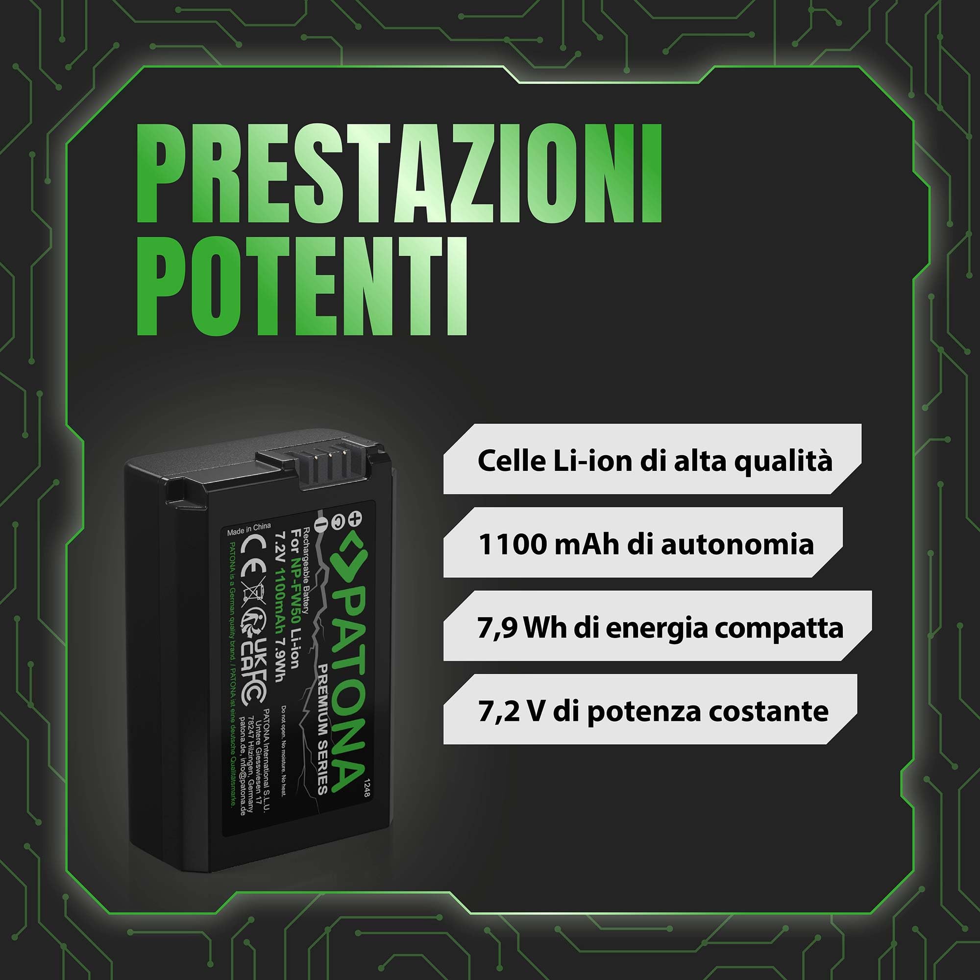PATONA PREMIUM Batteria NP-FW50 1100mAh / 7,2V / 7,9Wh compatibile con Sony Alpha 7 A7 A7S A7R A7II A6000 A6300 A6400 A6500 RX1R III DSC-RX1RM3 DSC RX10 Mark II III IV NEX-3 NEX-5 NEX-6 NPFW50