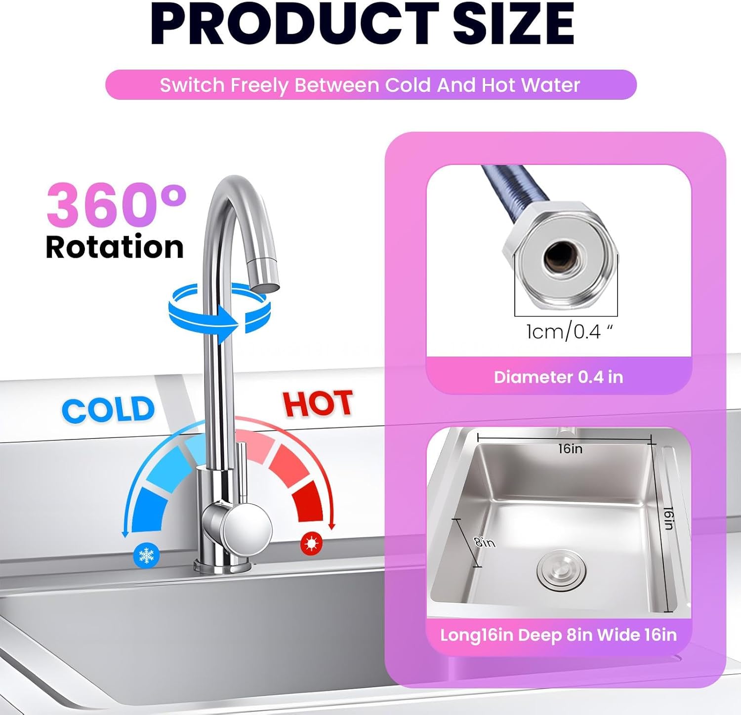 Laundry Sink, Stainless Steel Utility Sink with Storage Shelf, 31.5” Free Standing Commercial Sink with Hot and Cold Faucet, Large Single Bowl for Laundry Room, Easy Installation & Drainage