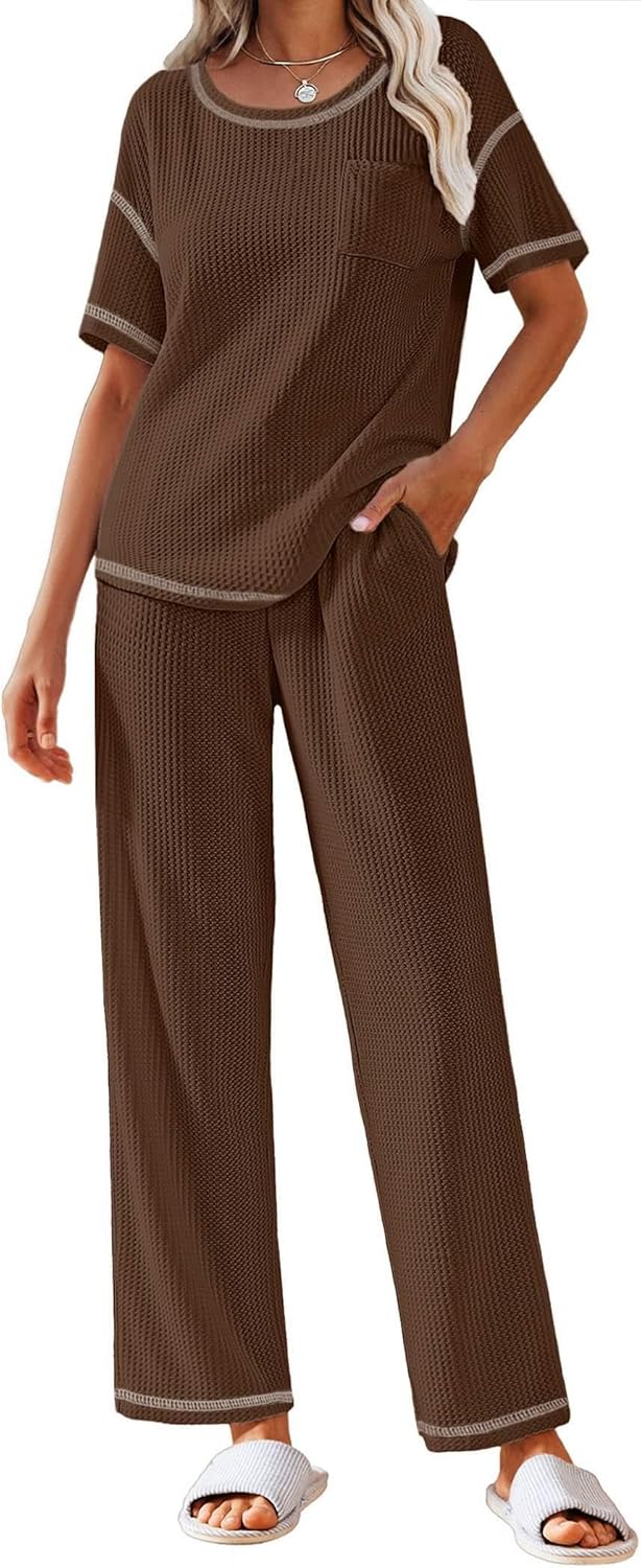 Ekouaer Women Waffle Knit Lounge Sets Short Sleeve Top and Long Pant Pajama Set Loungewear 2 Piece Pjs Set with Pockets
