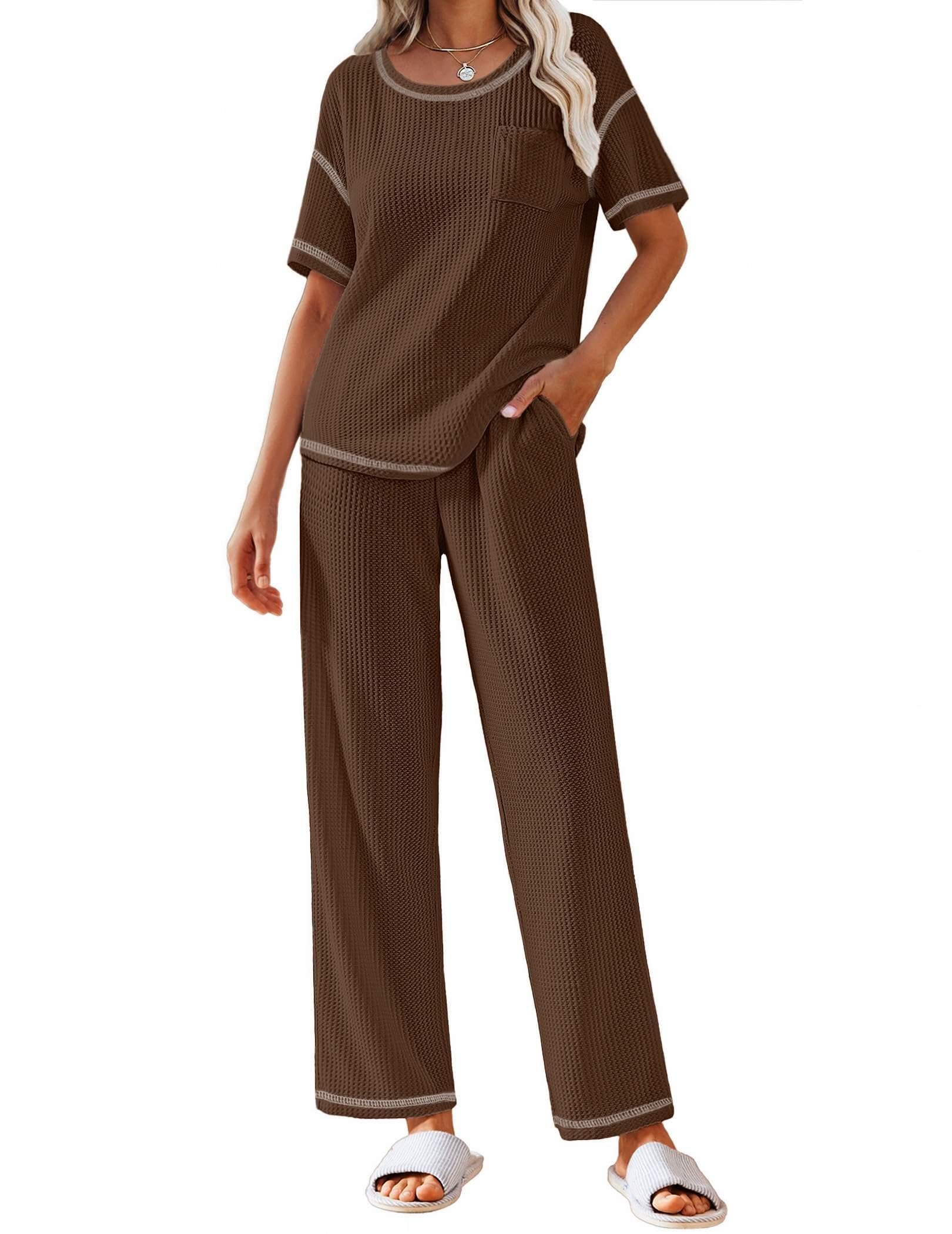 Ekouaer Women Waffle Knit Lounge Sets Short Sleeve Top and Long Pant Pajama Set Loungewear 2 Piece Pjs Set with Pockets