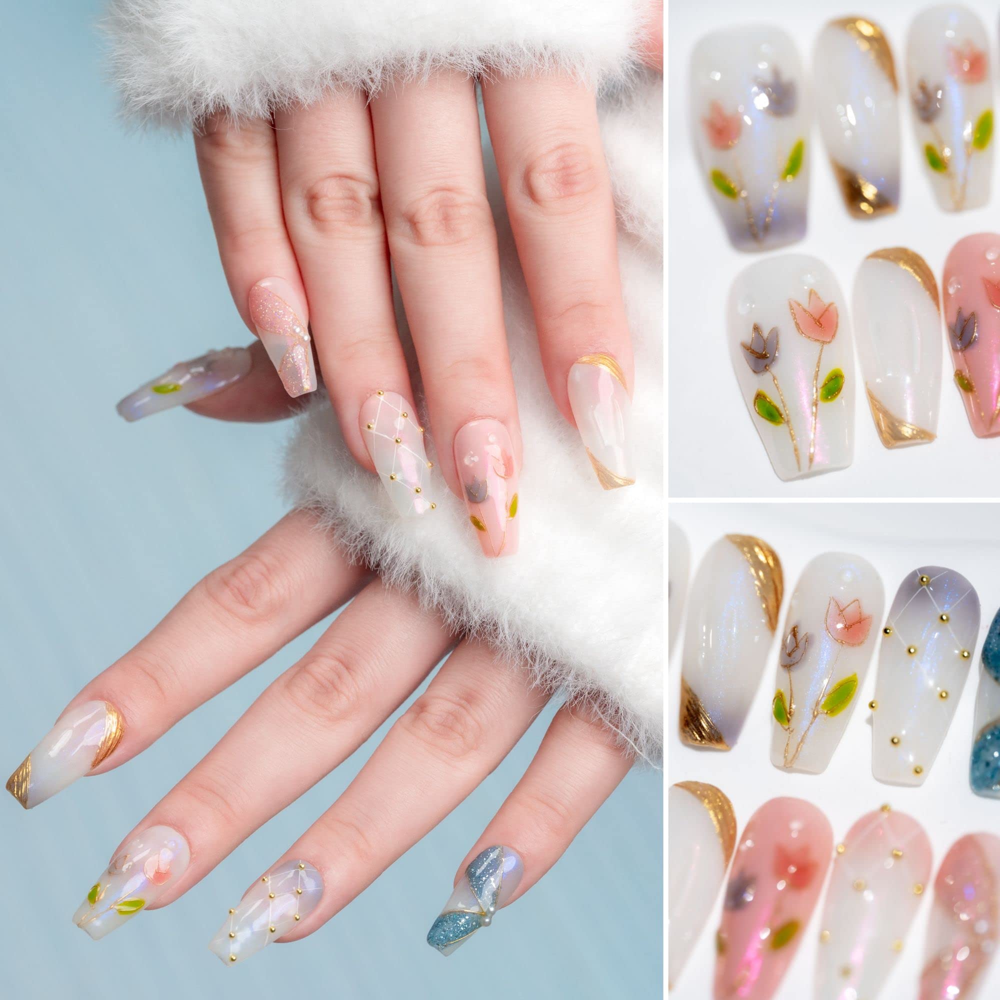Sun&Beam Nails Handmade Long Coffin Ballerina White Pink False Nail Tips with Cute 3D Gold Pearl Popular Charm Design Press On Nails 10 Pcs (#56 L) - Image 2
