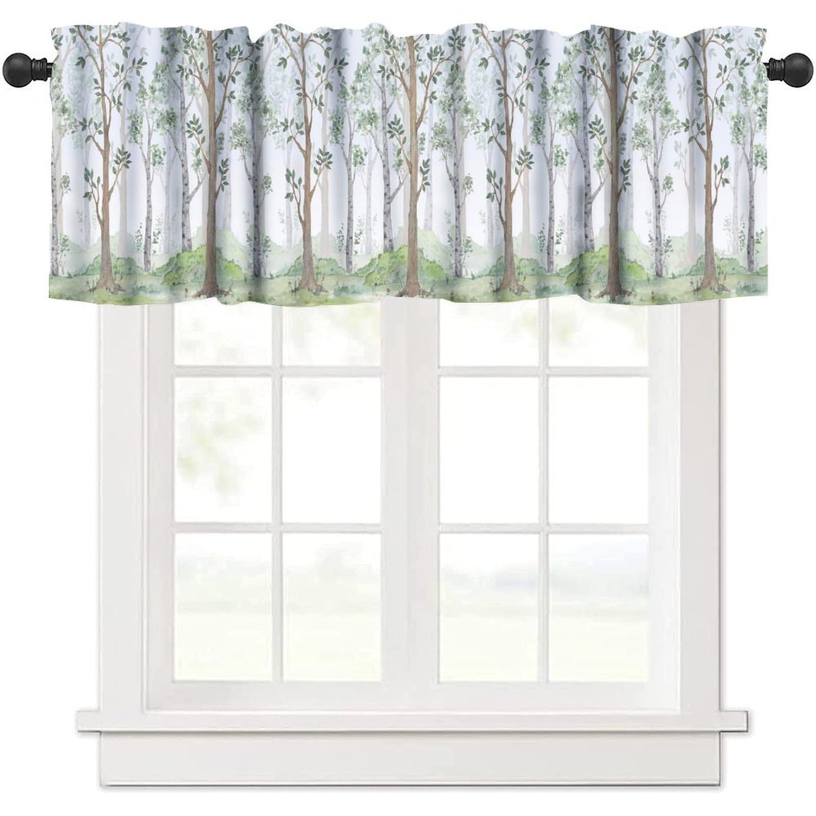 moderw Watercolor Woodland Window Curtains, Green Forest Trees Window Treatment Valance for Country Farmhouse Cabin Dining Living Room Kitchen Café Décor 54x18inch