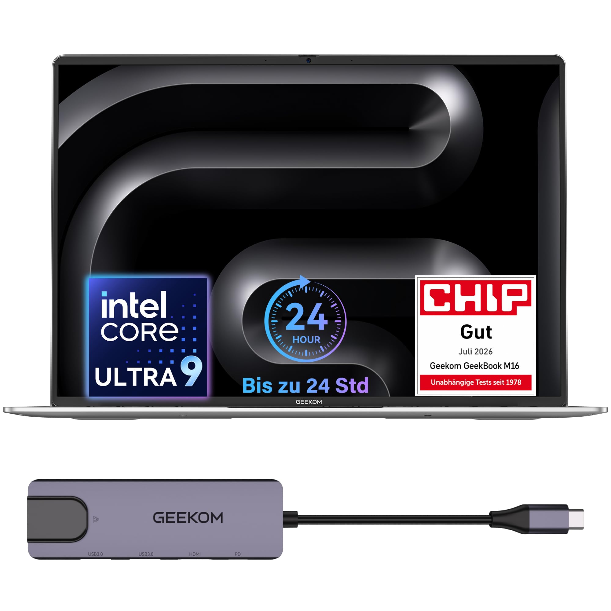 GEEKOM GeekBook M16 Laptop, Ultra 9, 55 W Dauerleistung, 99,9 Wh Notebook | 16″ IPS, USB4, 100 W PD, leise Dual-Lüfter, Fingerprint, Dock inkl., 16GB RAM/512GB SSD, Aluminium, Win 11, Business & Gaming