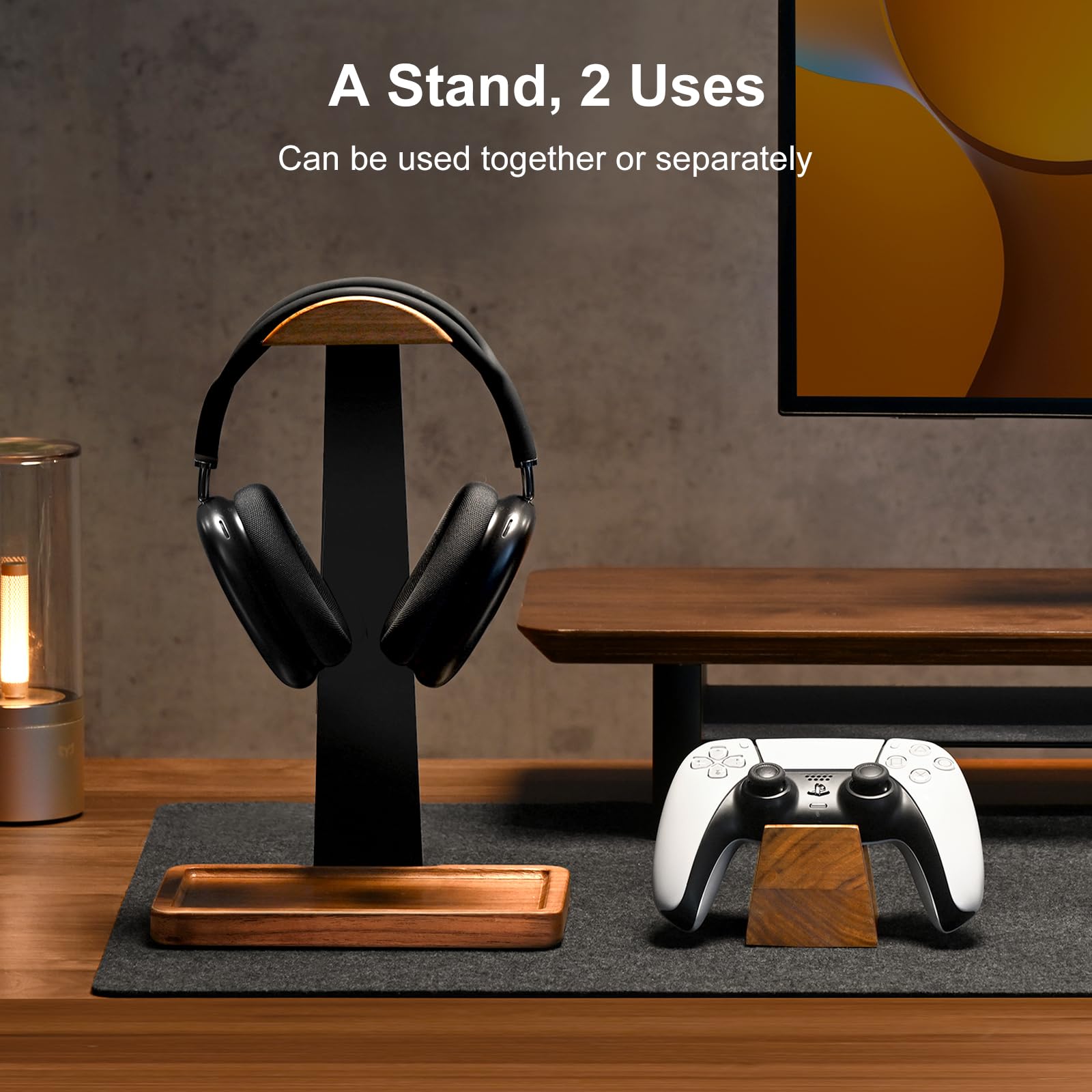 UPERGO Headset Stand with Gaming Controller Holder, Walnut Wood Headphone Stand with Storage Base, Gaming Equipment Accessories for Desk - 2