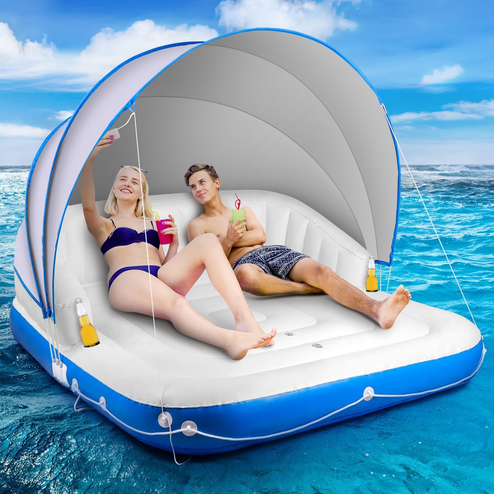 Floating Island with Canopy, Heavy Duty Inflatable Water Lounger Raft with 2 Cup Holders for Adults Lake Pool