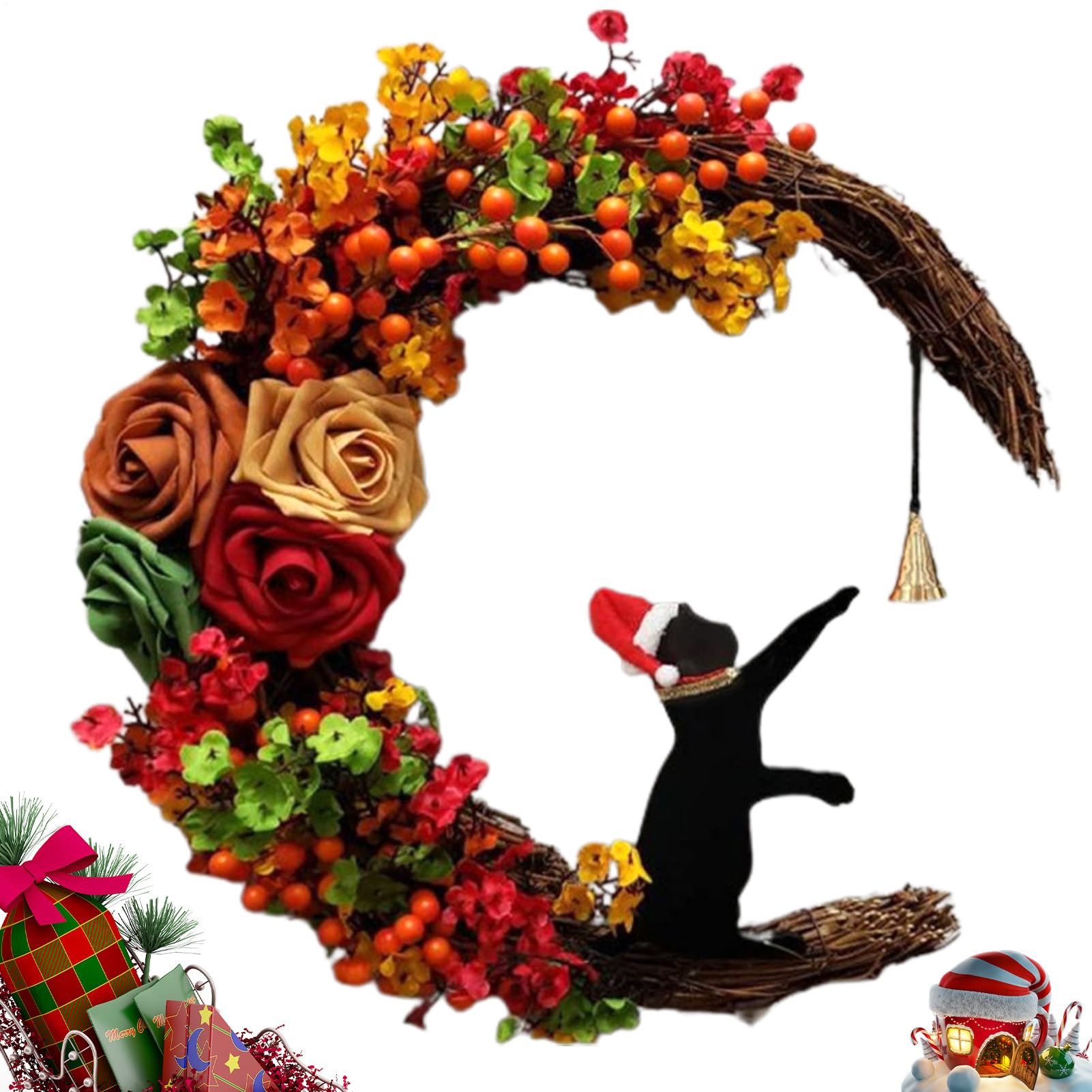 Couronne de Noël chat de lune en bois et feuillage pour décoration murale chic