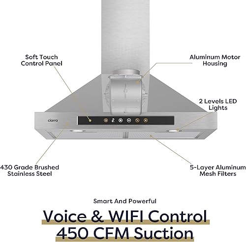 Miniatura 2 de Campana extractora negra de 30 pulgadas, 450 CFM, para montaje en pared, diseño antihuellas, ventilación de campana para cocina con ventilador de 3