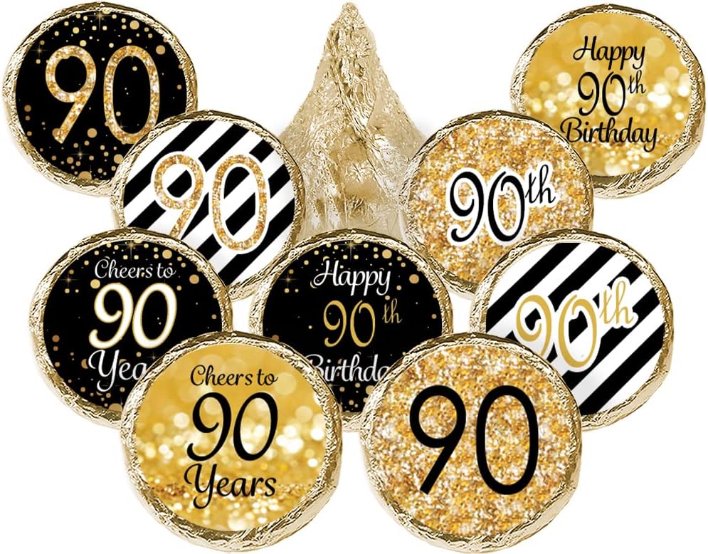 Black and Gold 90th Birthday Party Favor Labels - 180 Stickers