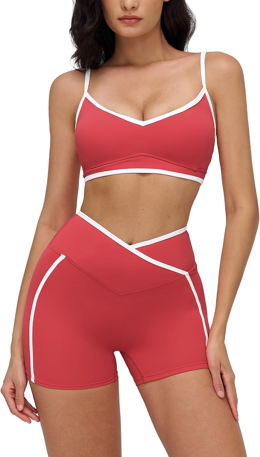 2 Piece Workout Sets for Women Seamless High Waist Scrunch Butt Yoga Shorts Contrast Panel Sports Bra Outfits