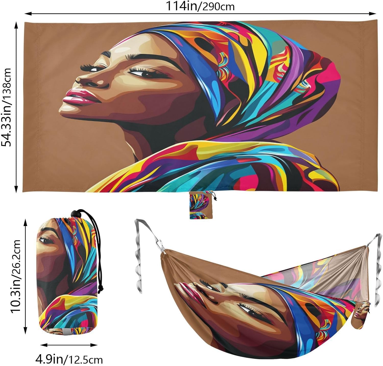 ALAZA African American Woman Portrait Camping Hammocks Single or 2 Person 500 lbs Portable Parachute Travel Hammock w/Tree Straps for Hiking Backpacking Indoor Outdoor