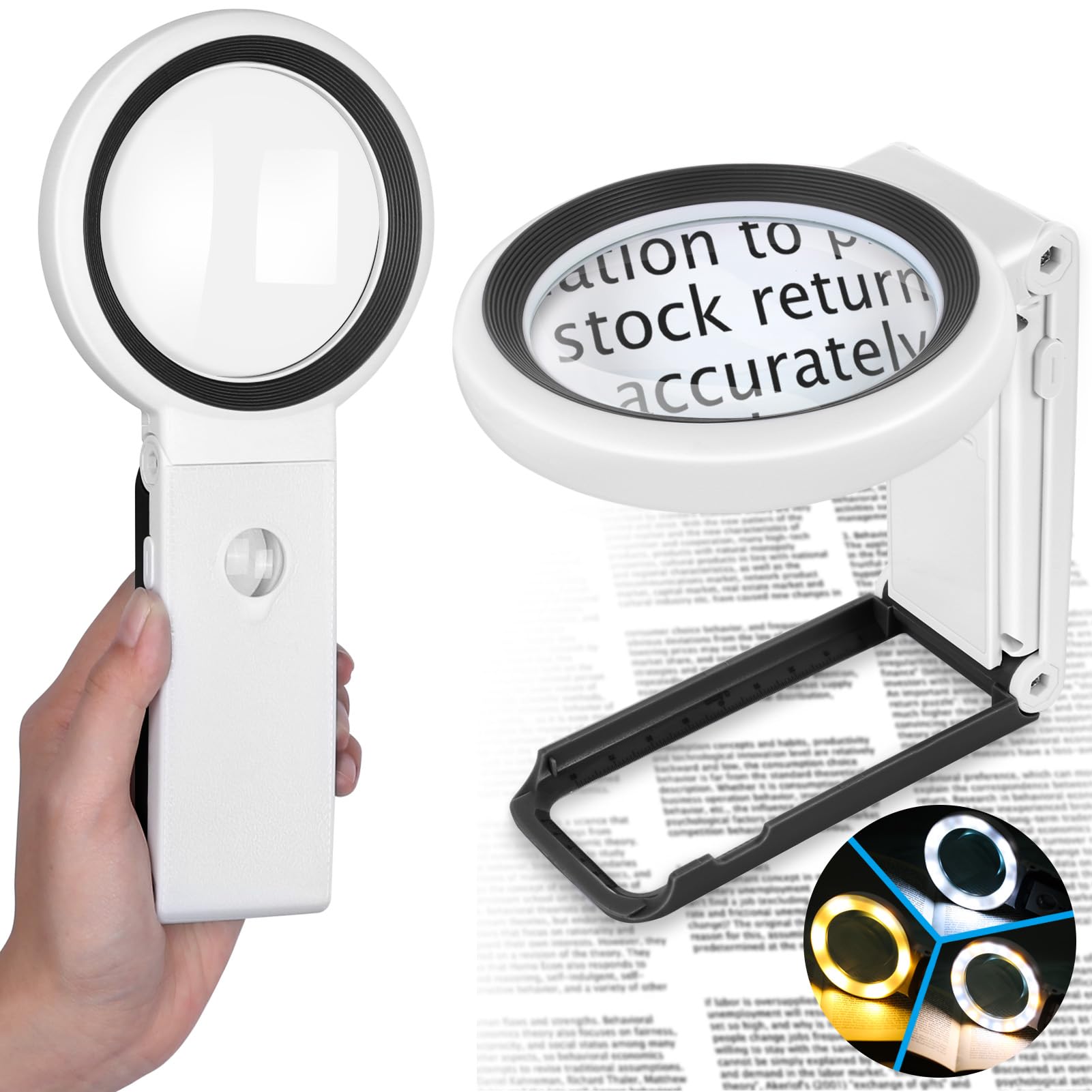 AIXPI Lupe mit Licht und Ständer - 18 LED Leselupe mit 3 Lichtmodi, Faltbare Handlupe & Standlupe mit Echtglaslinsen für Senioren, Juweliere, Münzsammler