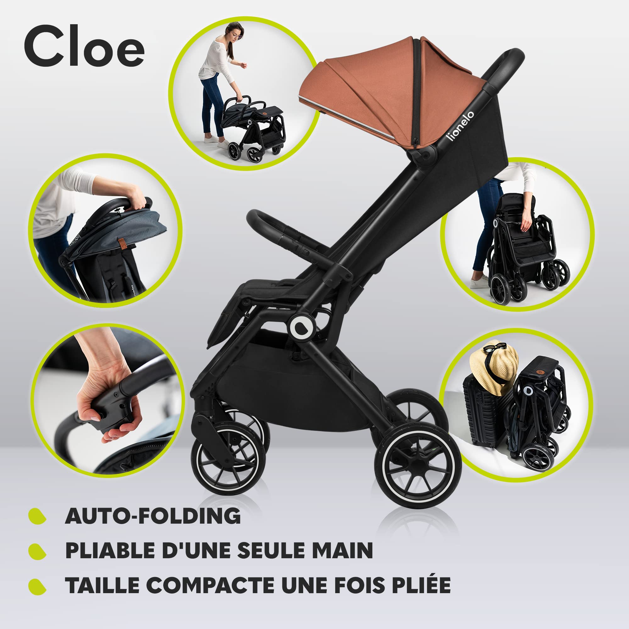 LIONELO Cloe Poussette Pliable Bébé jusqu'à 22 kg Réglage du Dossier Fonction Sommeil Harnais à 5 Points Grandes Roues Pivotantes Moustiquaire Compacte Imperméable (brun)