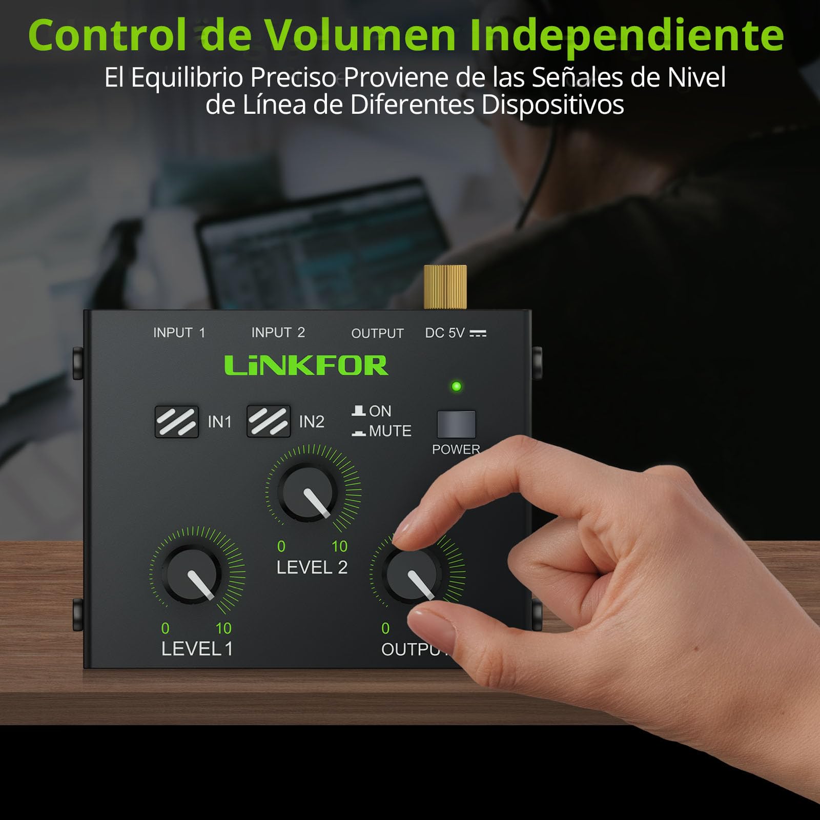 LiNKFOR Mini Mezclador de Audio 3.5mm de 2 Canales,Mezclador Activo con con Control de Volumen para PC/Altavoz/Amplificador/Teclado Electrónico