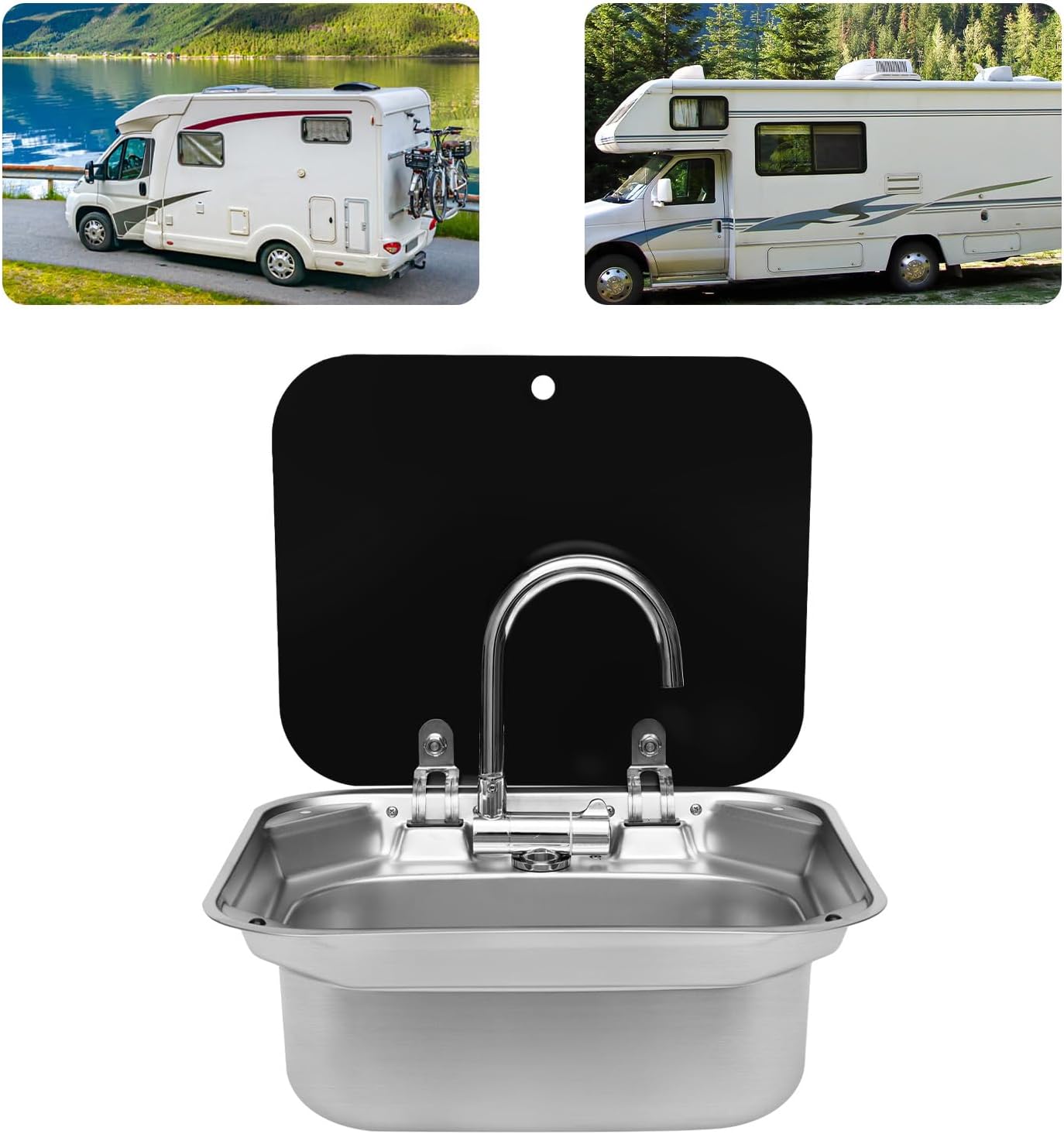 Folding RV Sink & Faucet Combo W/Lid, Bar Kitchen Sink 16.3*14.6*6.3 In Undermount Drop-in Sinks 304 Stainless Steel Single Bowl Workstation Sink Caravan Camper Van Boat Trailer Sink Hand Wash Basin