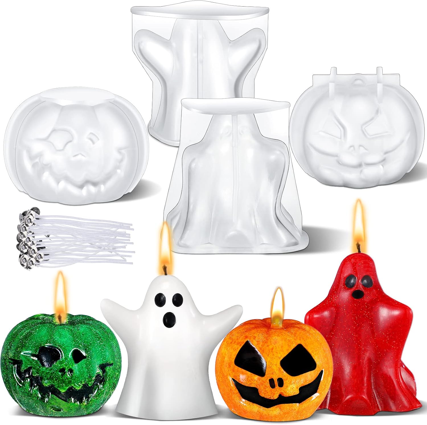 Nuogo 4 Pcs Halloween Candle Molds 3D Ghost Pumpkin Silicone Molds 20 Wick