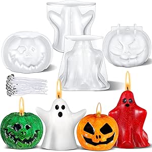 Nuogo Halloween Ghost and Pumpkin Silicone Candle Molds, 4-Piece Set with 20 Wicks