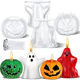 Nuogo 4 Pieces Halloween Candle Molds 3D Halloween Ghost Pumpkin Silicone Molds with 20 Wick for Resin Casting Aromatherapy Candle Soap Making Home Art Crafts Decor