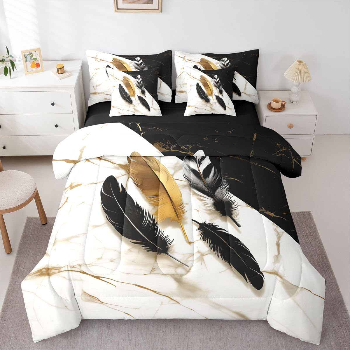 Castle Fairy Modern Marble Comforter Feather Marbling Bedding Set Full Size 7 Pcs,Abstract Art Tie Dye Bed Set for Kids Girls Room Decor Black Gold Soft Bed in a Bag with Comforter,Sheets,Pillowcases