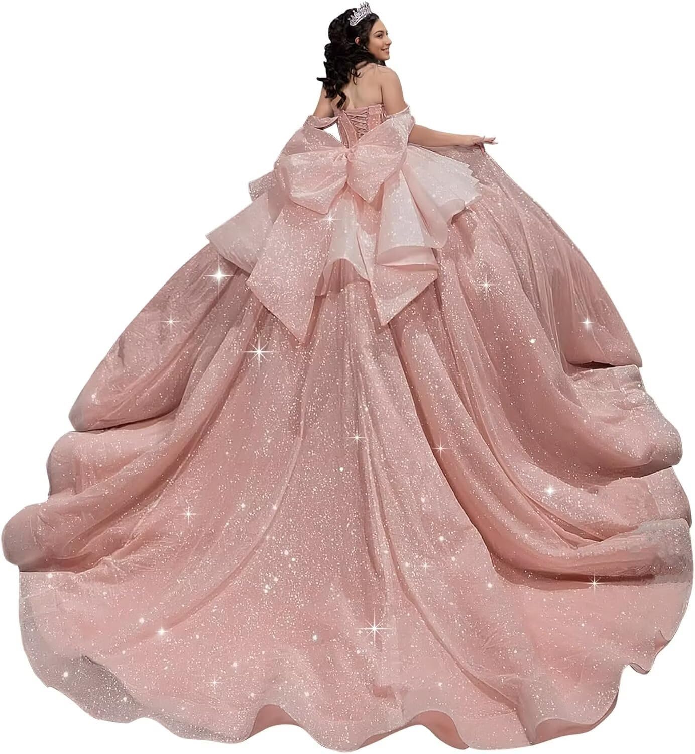 Princess Diamonds Quinceanera Dresses with Bow Off Shoulder Sweet 15 Dresses Sparkly Tulle Ball Gown