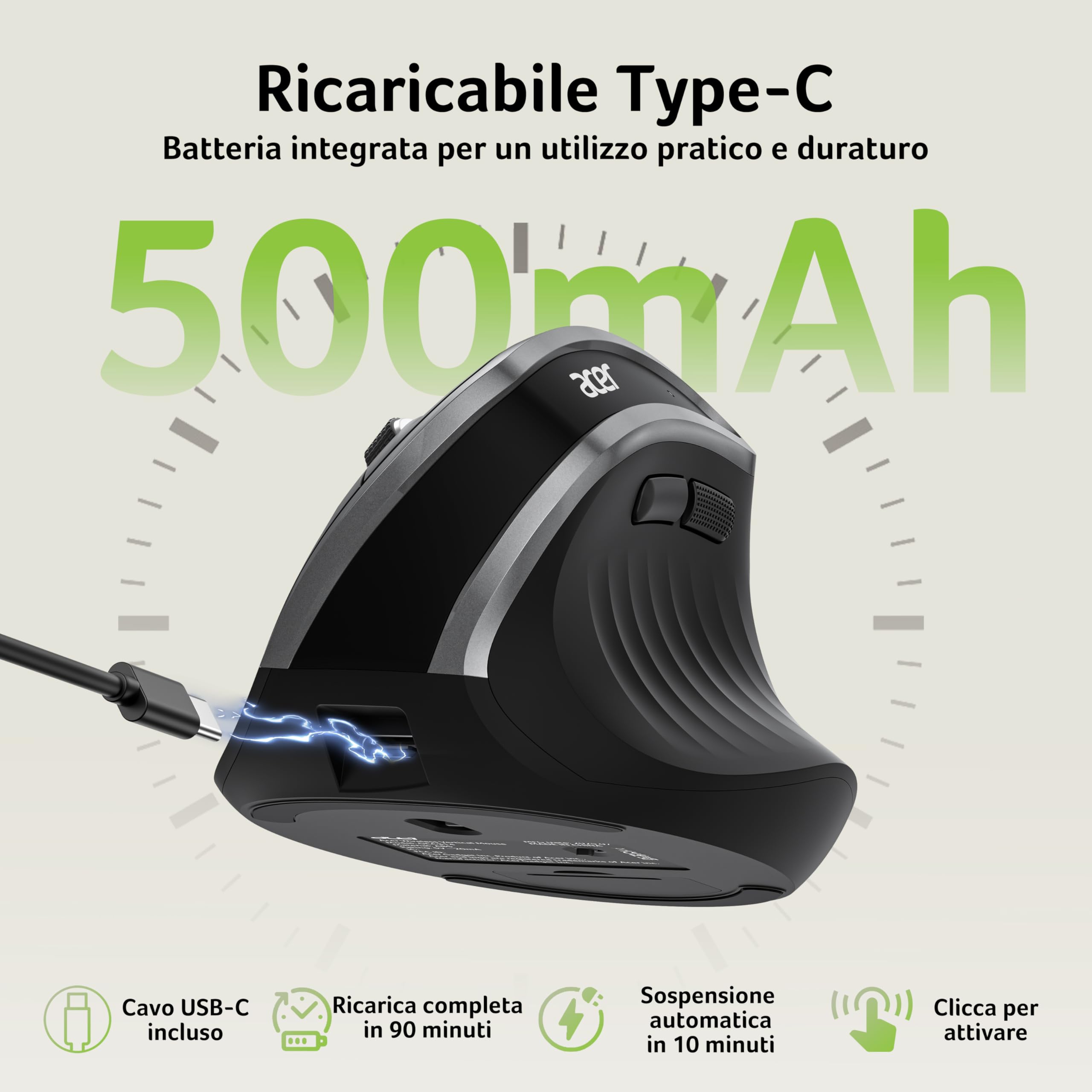 Acer Mouse Wireless Ergonomico, 2,4 GHz Mouse Verticale Senza Fili, USB C Ricaricabile, 3 DPI regolabili 1600, 6 pulsanti, Ricevitore USB per laptop, PC, iMac, desktop, ecc.