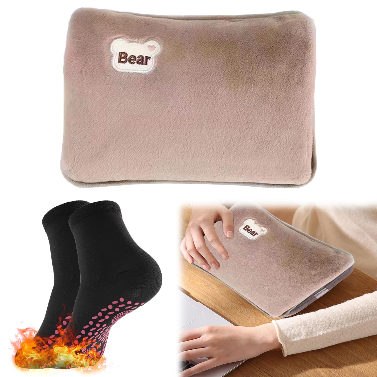 Bolsa De Agua Térmica Recargable, Bolsa de Agua Caliente Eléctrica, Bolsa de Agua Caliente Eléctrica Ahorra Energía 10 Minutos, Forro de Peluche Suave, Aliviar Dolores musculares(Marrón)