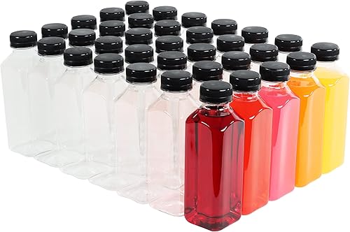 G Francis Botellas de plástico pequeñas con tapas en negro, paquete de 35 recipientes de agua de 16 onzas, botellas de plástico vacías con tapas