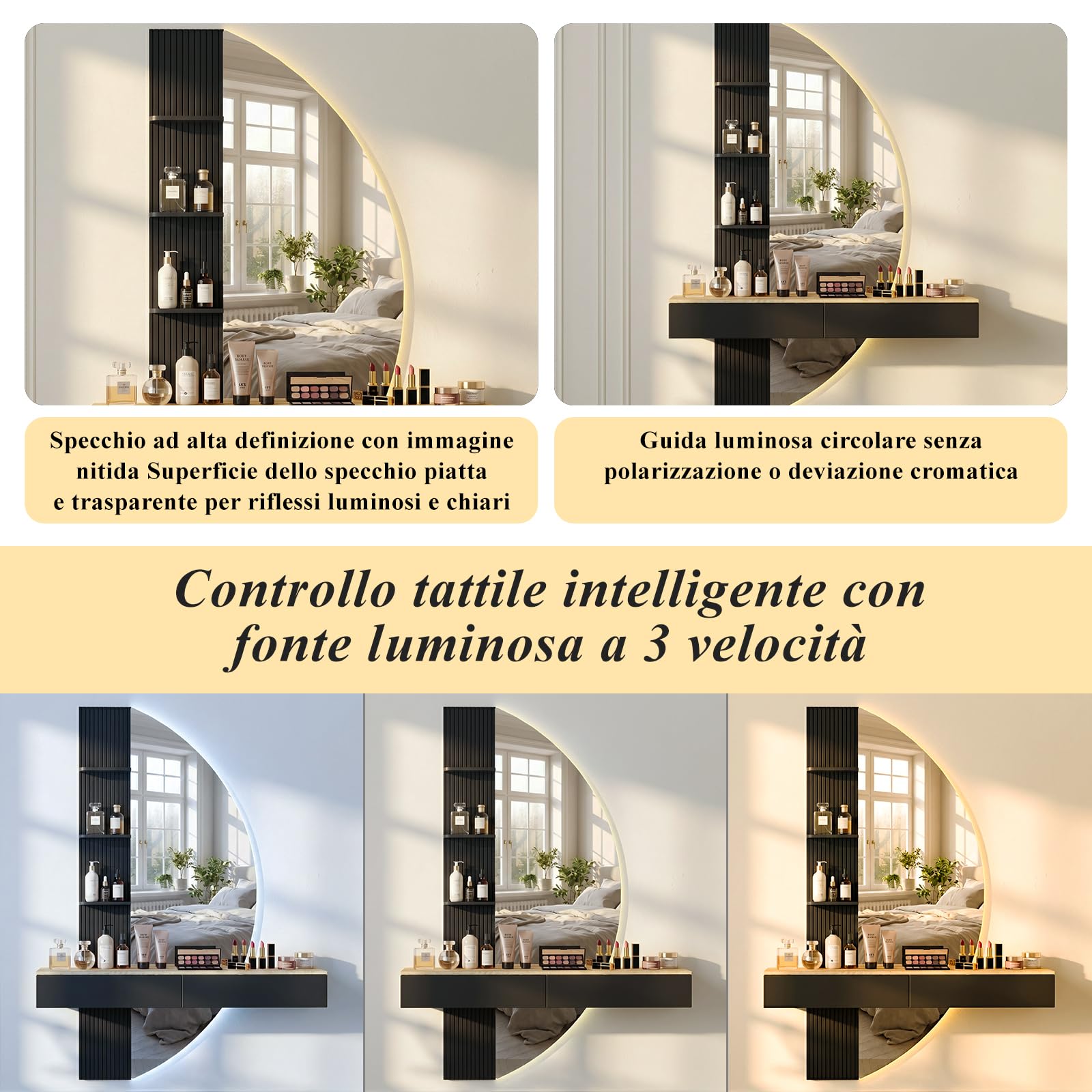 JUMMICO Toeletta da parete sospesa con specchio HD e illuminazione LED, dimmer touch, 3 temperature di colore e cassetti (Nero)