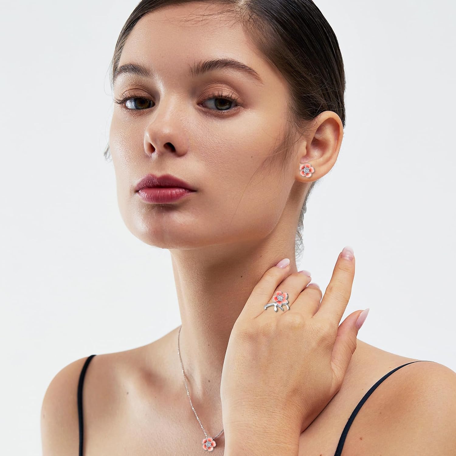 Pink Flower Earrings Necklace with cute Adjustable Ring, Cherry Blossom Earring Flower Jewelry for Women - Image 3