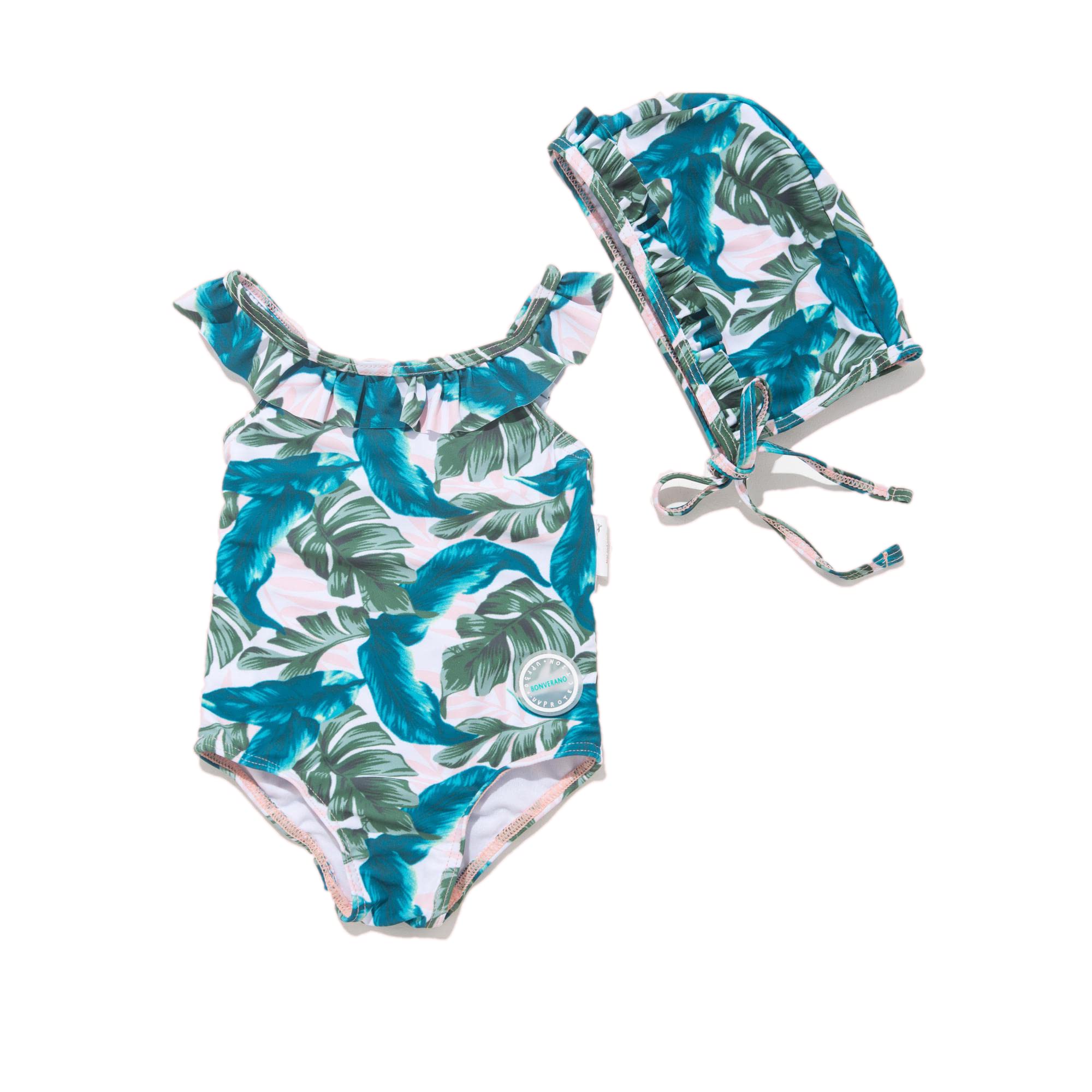 BONVERANO Kleiner Mädchen Schwimmanzug UV-Schutz Bambusmuster Schwimmanzug mit Sonnenhut