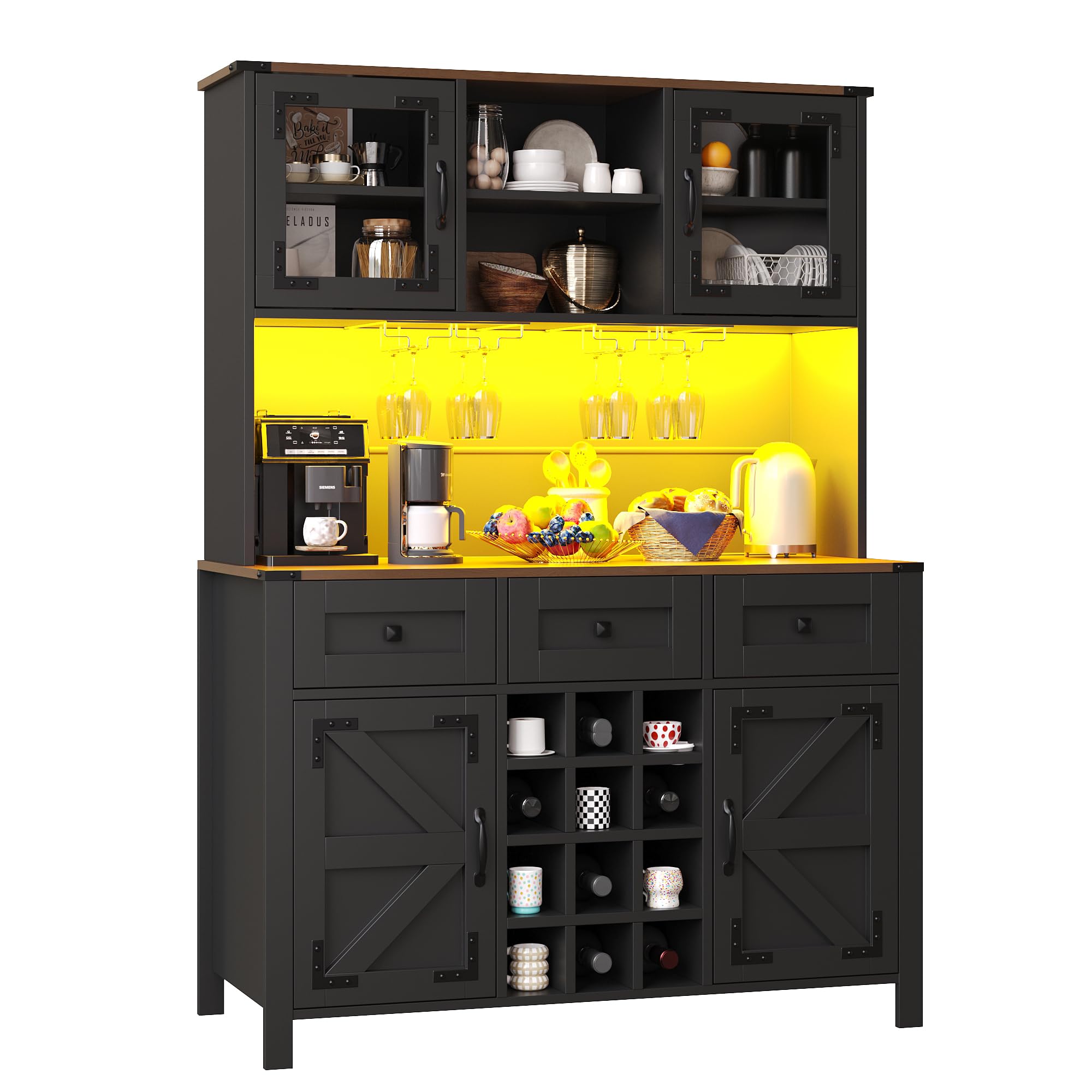 Küchenschrank Hochschrank mit LED Licht und USB Steckdose, Küchenbuffet Buffetschrank mit 4 Türen und Schubladen, Highboard Sideboard Schrank Schwarz mit Schubladen und Weinregal, 120x40x170 cm