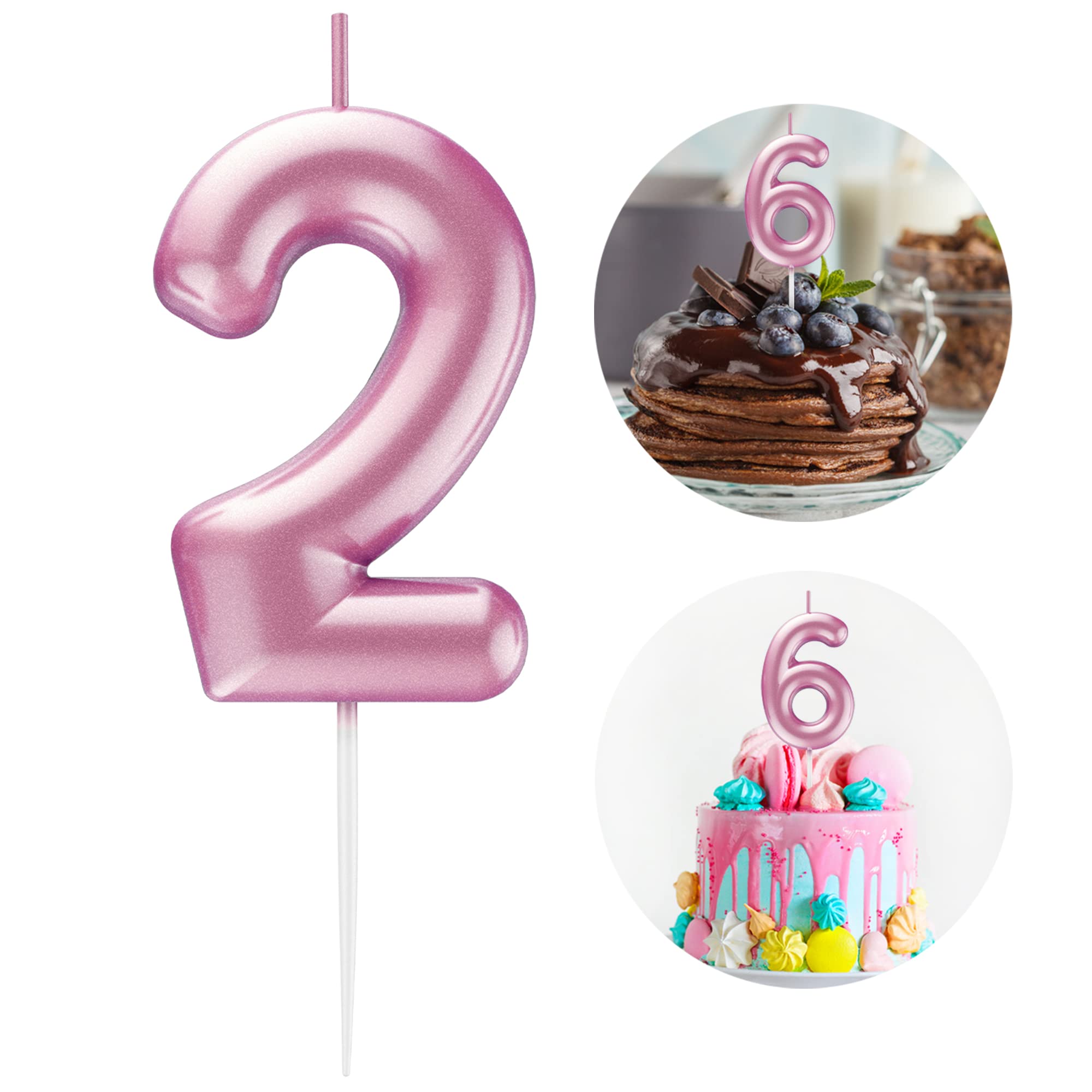 Pink Number 2 Candle Happy Birthday 3D Number Candles for Birthday Cake Party Decoration Wedding Anniversary Celebration Supplies