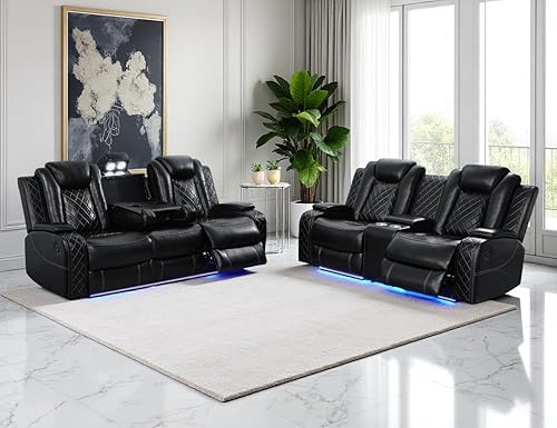 Miniatura 20 de Juego de sofá reclinable eléctrico, juego de sofá reclinable de cine en casa, sofá biplaza reclinable de cuero transpirable con Debut negro,Negro
